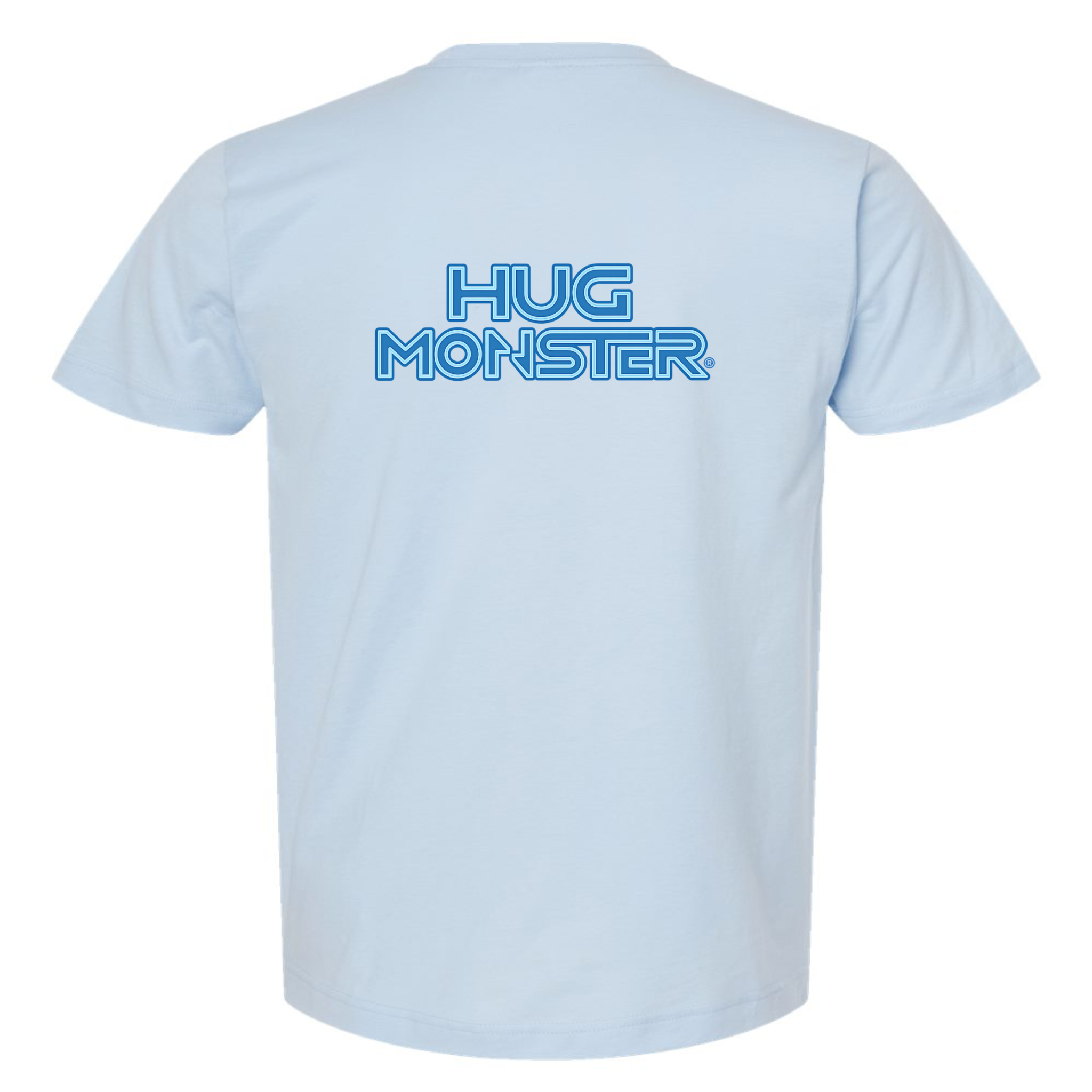 Hug Monster Electric Grid (Blue Logo) - Positive Message Graphic Tee in Baby Blue – Back View