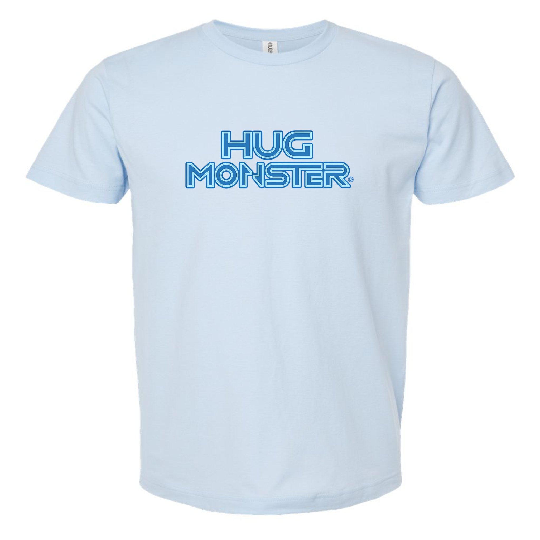 Hug Monster Electric Grid (Blue Logo) - Positive Message Graphic Tee in Baby Blue – Front View