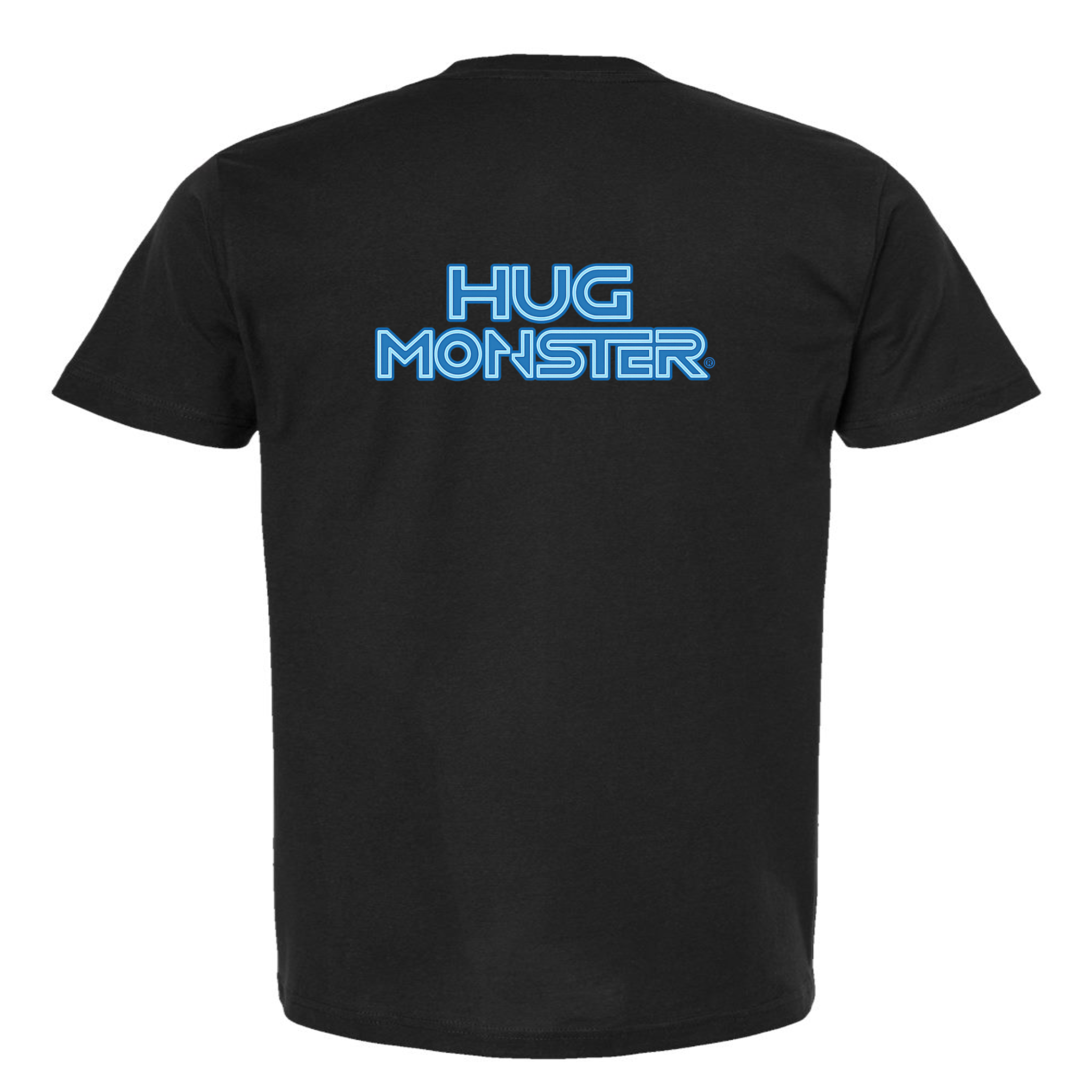 Hug Monster Electric Grid (Blue Logo) - Positive Message Graphic Tee in Black – Back View