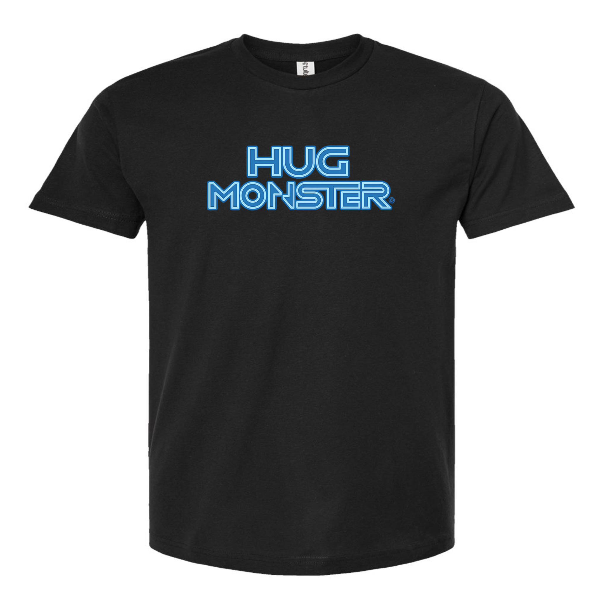 Hug Monster Electric Grid (Blue Logo) - Positive Message Graphic Tee in Black – Front View