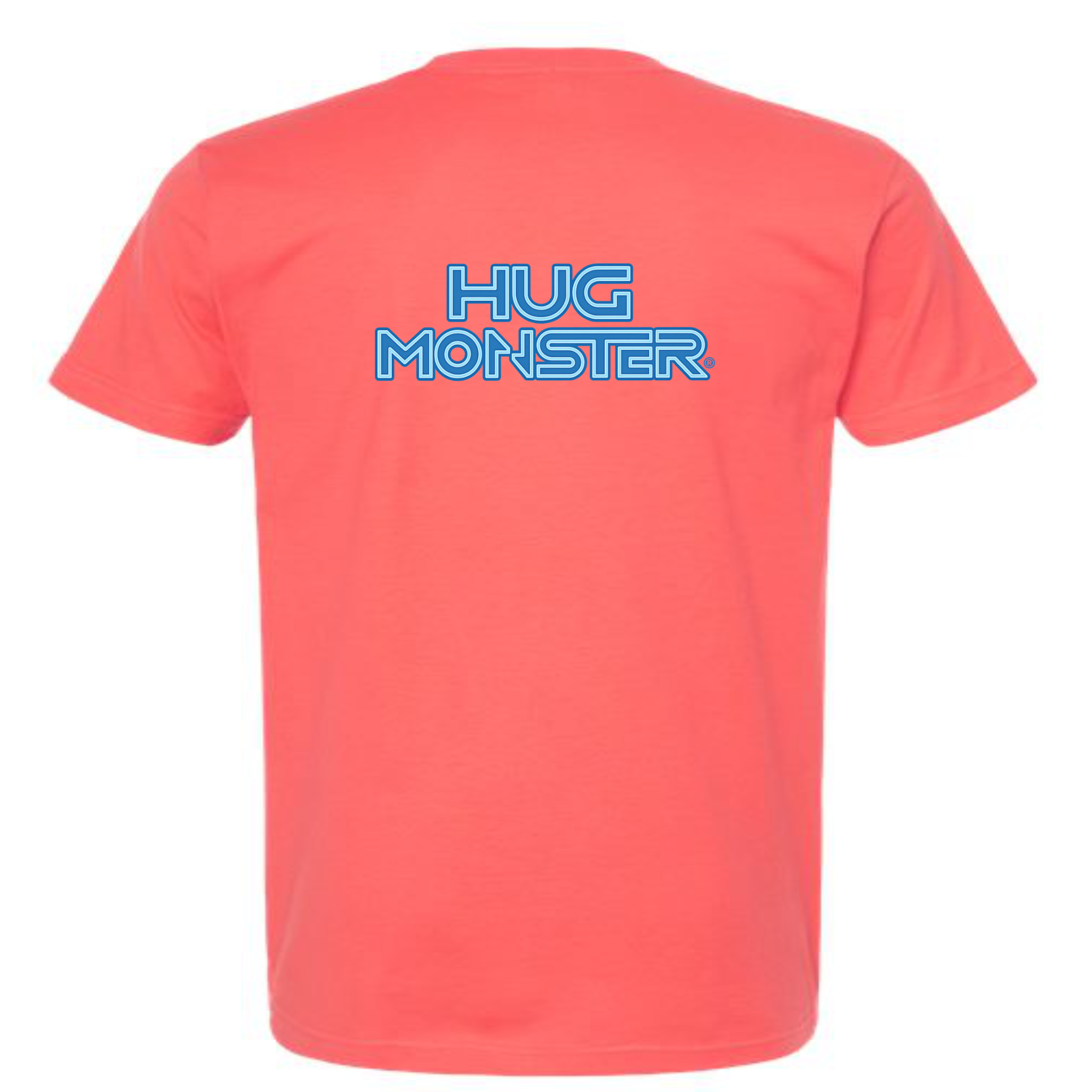 Hug Monster Electric Grid (Blue Logo) - Positive Message Graphic Tee in Bright Coral – Back View