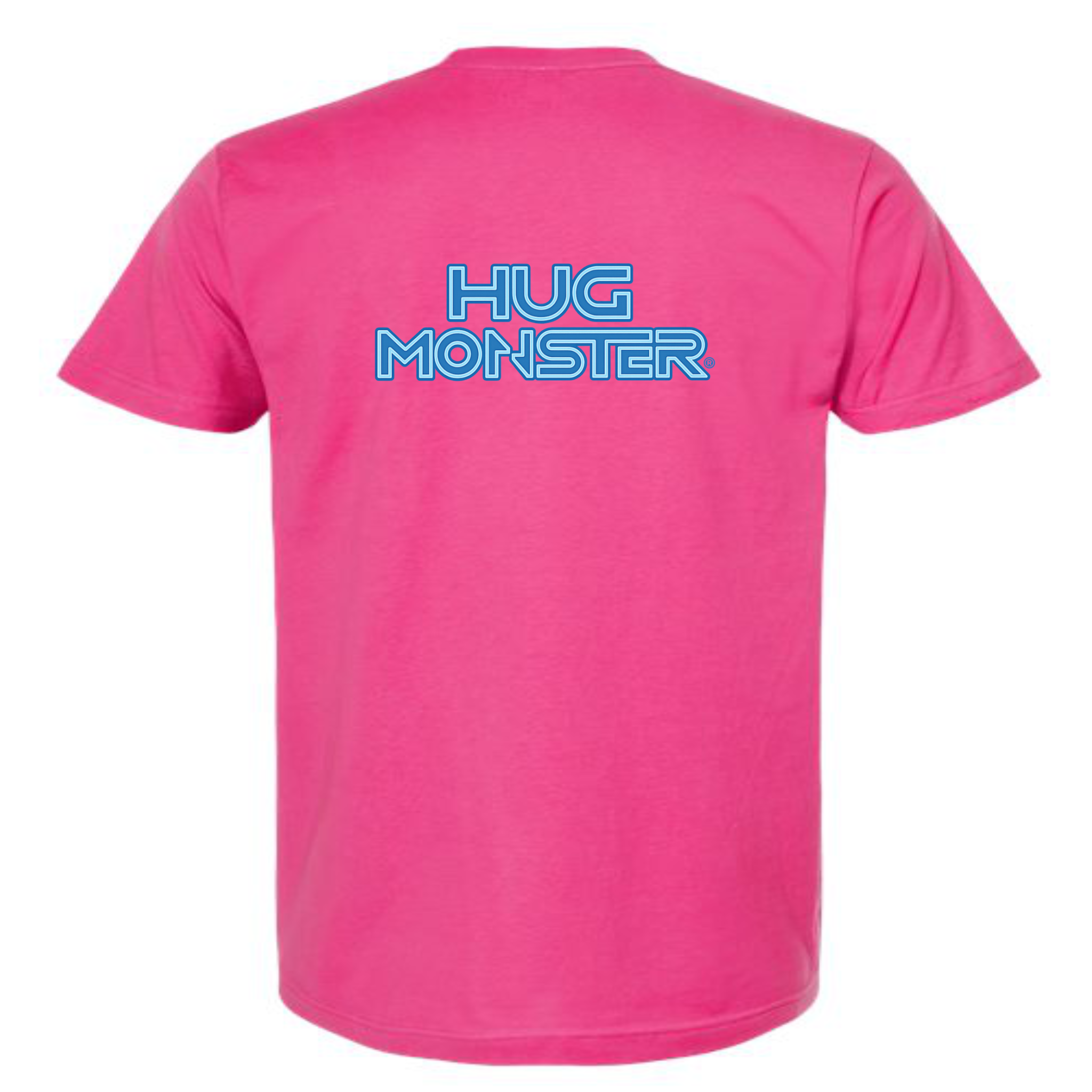 Hug Monster Electric Grid (Blue Logo) - Positive Message Graphic Tee in Bright Fuscia – Back View