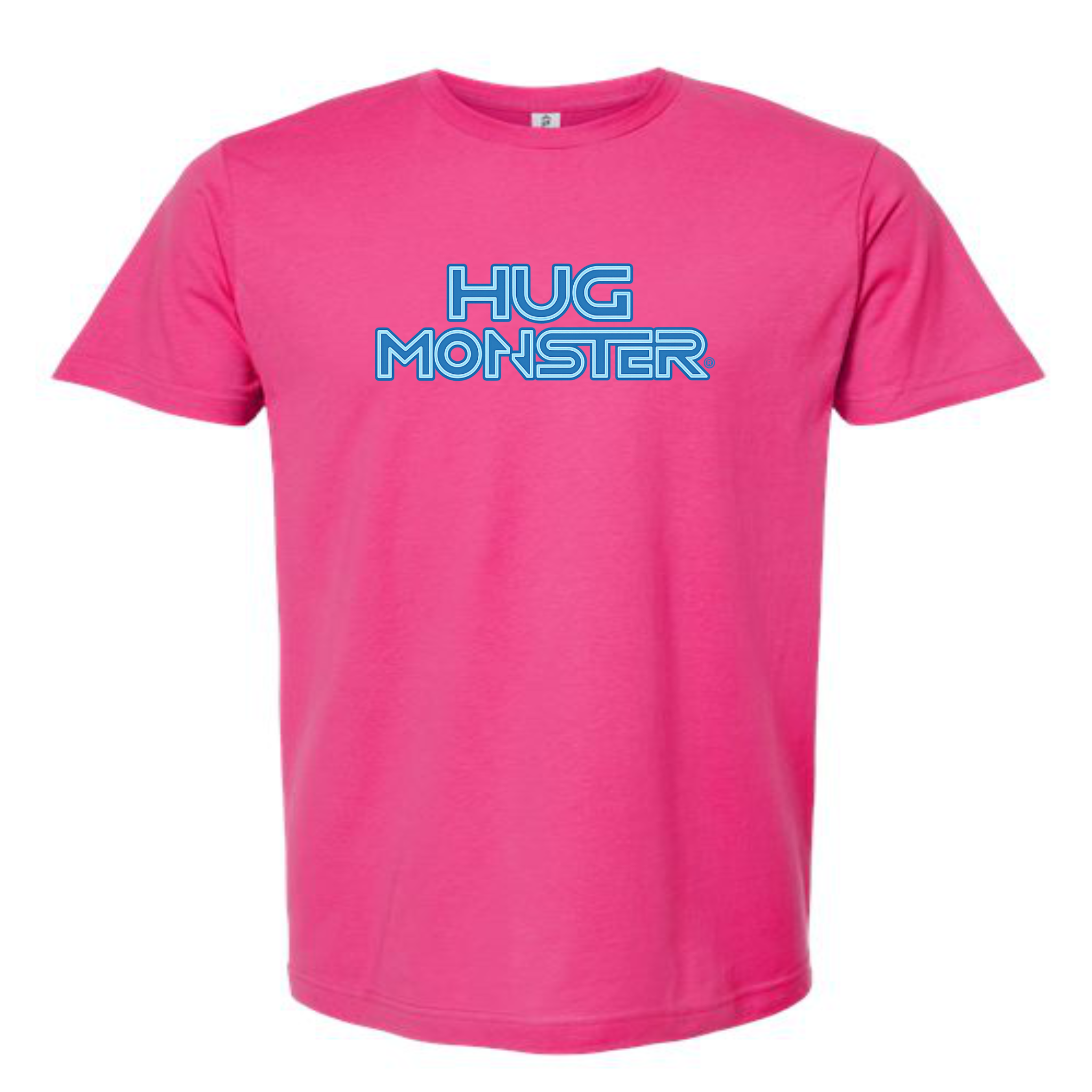 Hug Monster Electric Grid (Blue Logo) - Positive Message Graphic Tee in Bright Fuscia – Front View