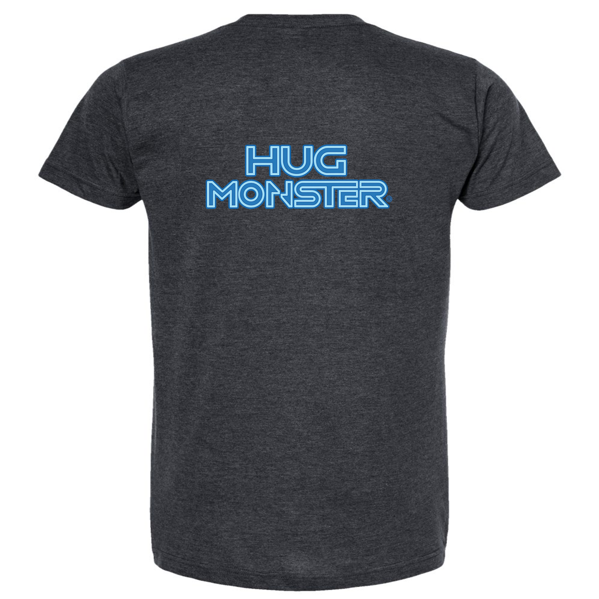 Hug Monster Electric Grid (Blue Logo) - Positive Message Graphic Tee in Heather Graphite – Back View