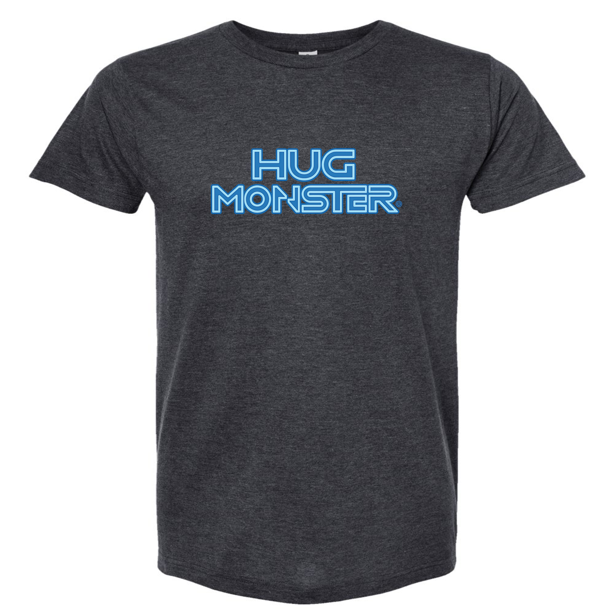 Hug Monster Electric Grid (Blue Logo) - Positive Message Graphic Tee in Heather Graphite – Front View