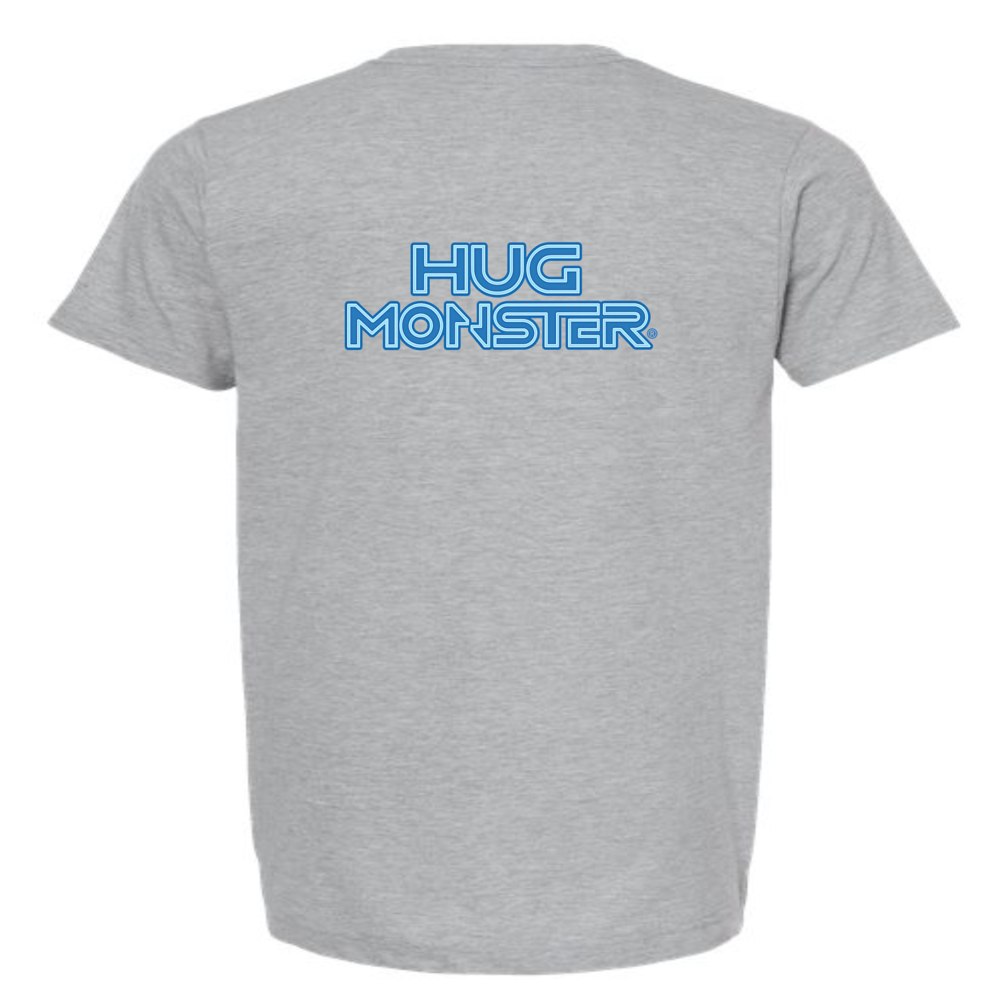 Hug Monster Electric Grid (Blue Logo) - Positive Message Graphic Tee in Heather Grey – Back View