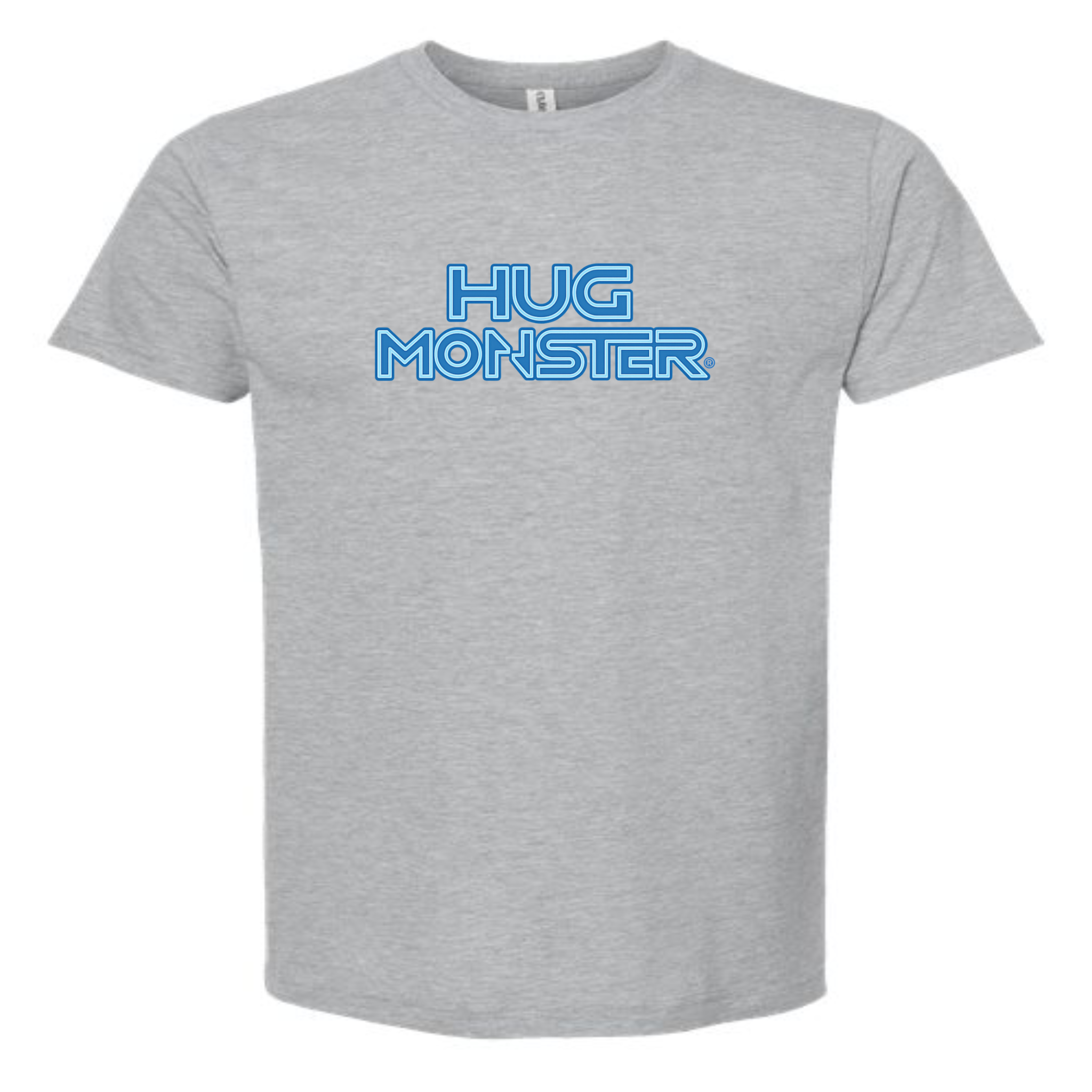 Hug Monster Electric Grid (Blue Logo) - Positive Message Graphic Tee in Heather Grey – Front View