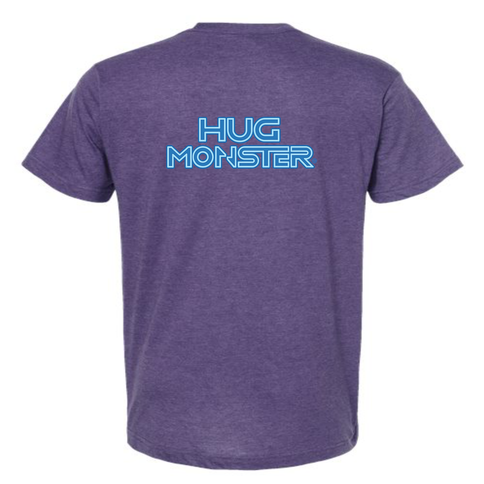 Hug Monster Electric Grid (Blue Logo) - Positive Message Graphic Tee in Heather Purple – Back View