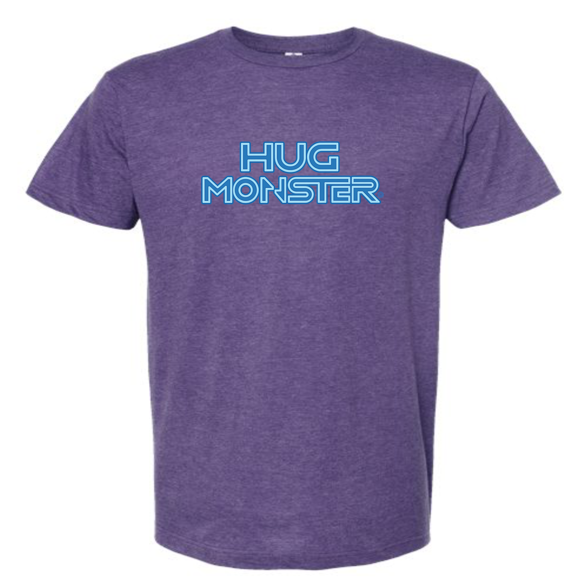 Hug Monster Electric Grid (Blue Logo) - Positive Message Graphic Tee in Heather Purple – Front View