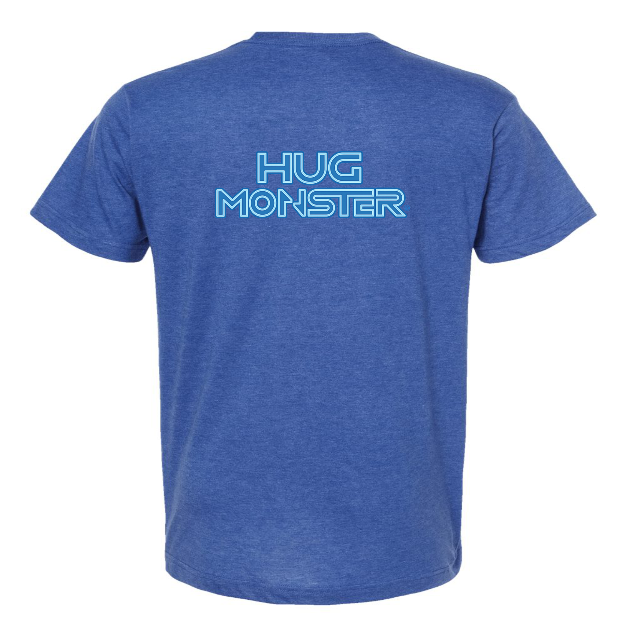 Hug Monster Electric Grid (Blue Logo) - Positive Message Graphic Tee in Heather Royal Blue – Back View