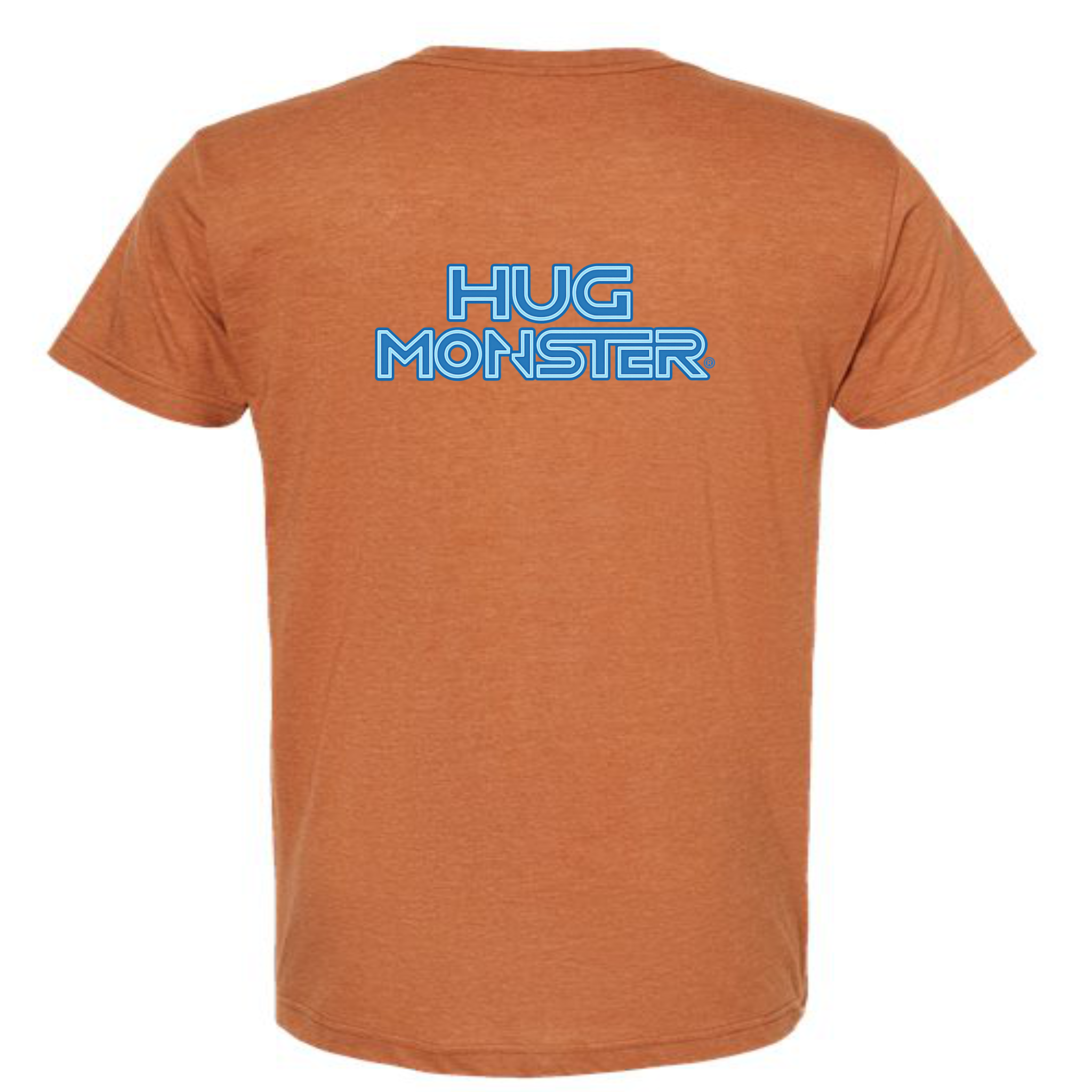 Hug Monster Electric Grid (Blue Logo) - Positive Message Graphic Tee in Heather Rust – Back View