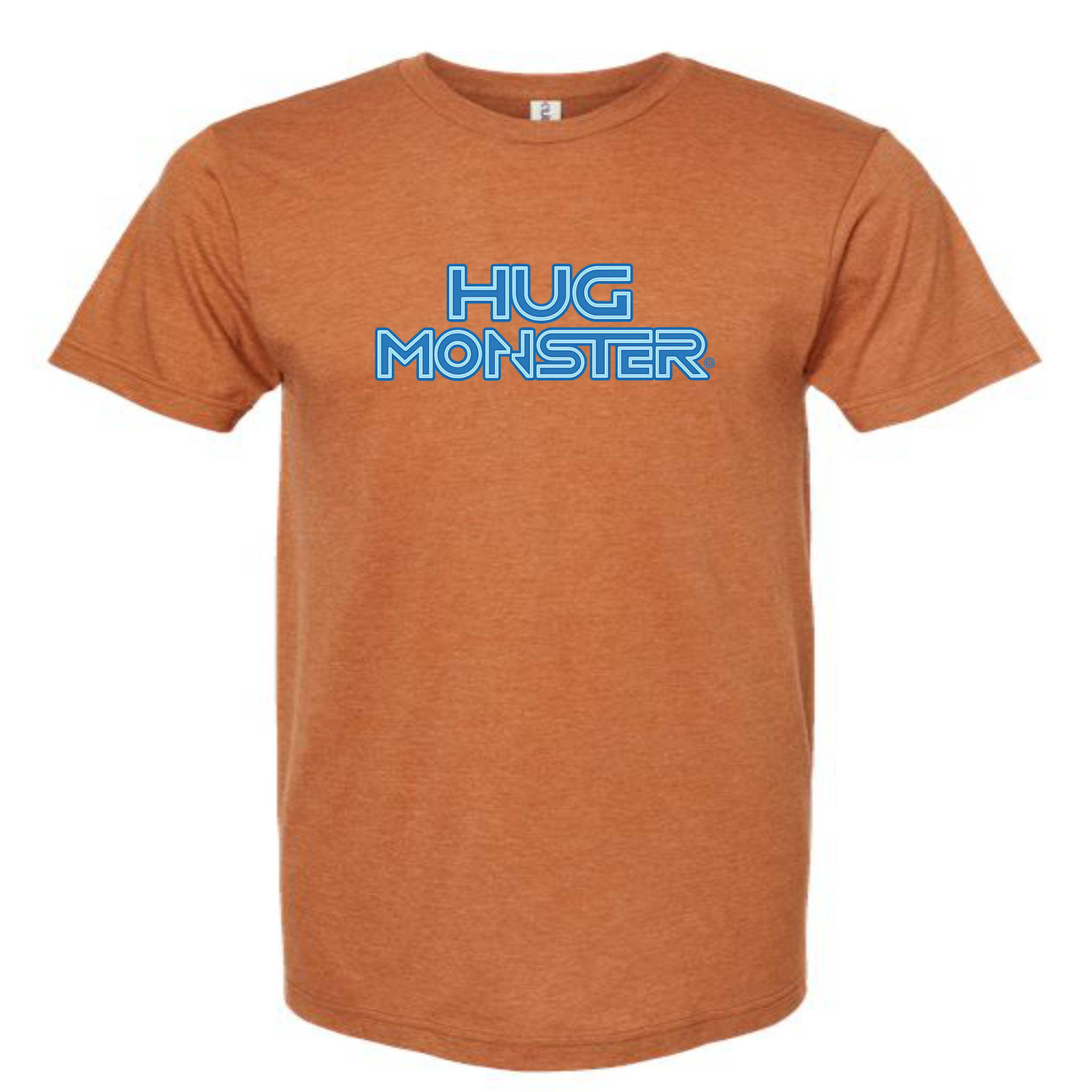 Hug Monster Electric Grid (Blue Logo) - Positive Message Graphic Tee in Heather Rust – Front View