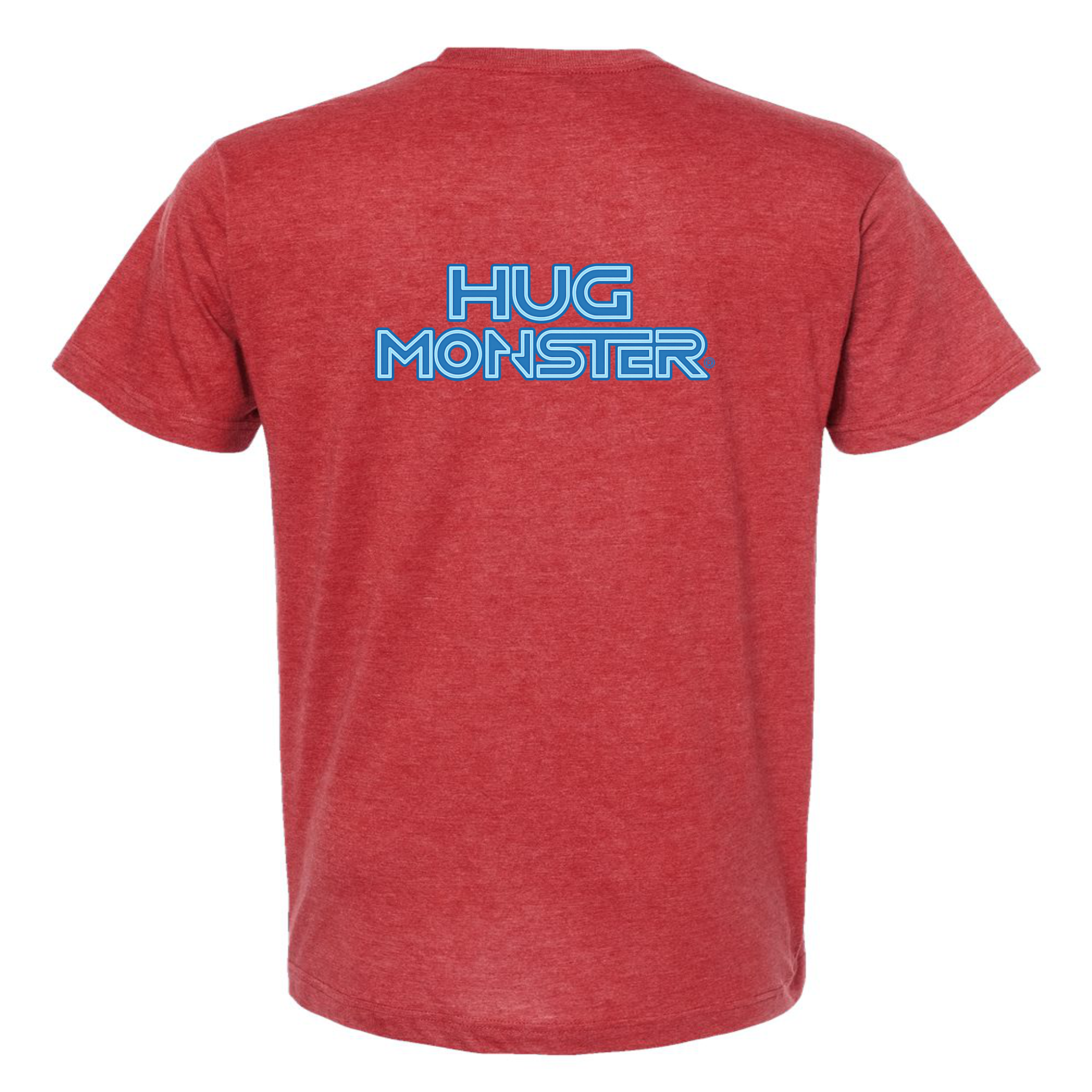 Hug Monster Electric Grid (Blue Logo) - Positive Message Graphic Tee in Heather Scarlet Red – Back View