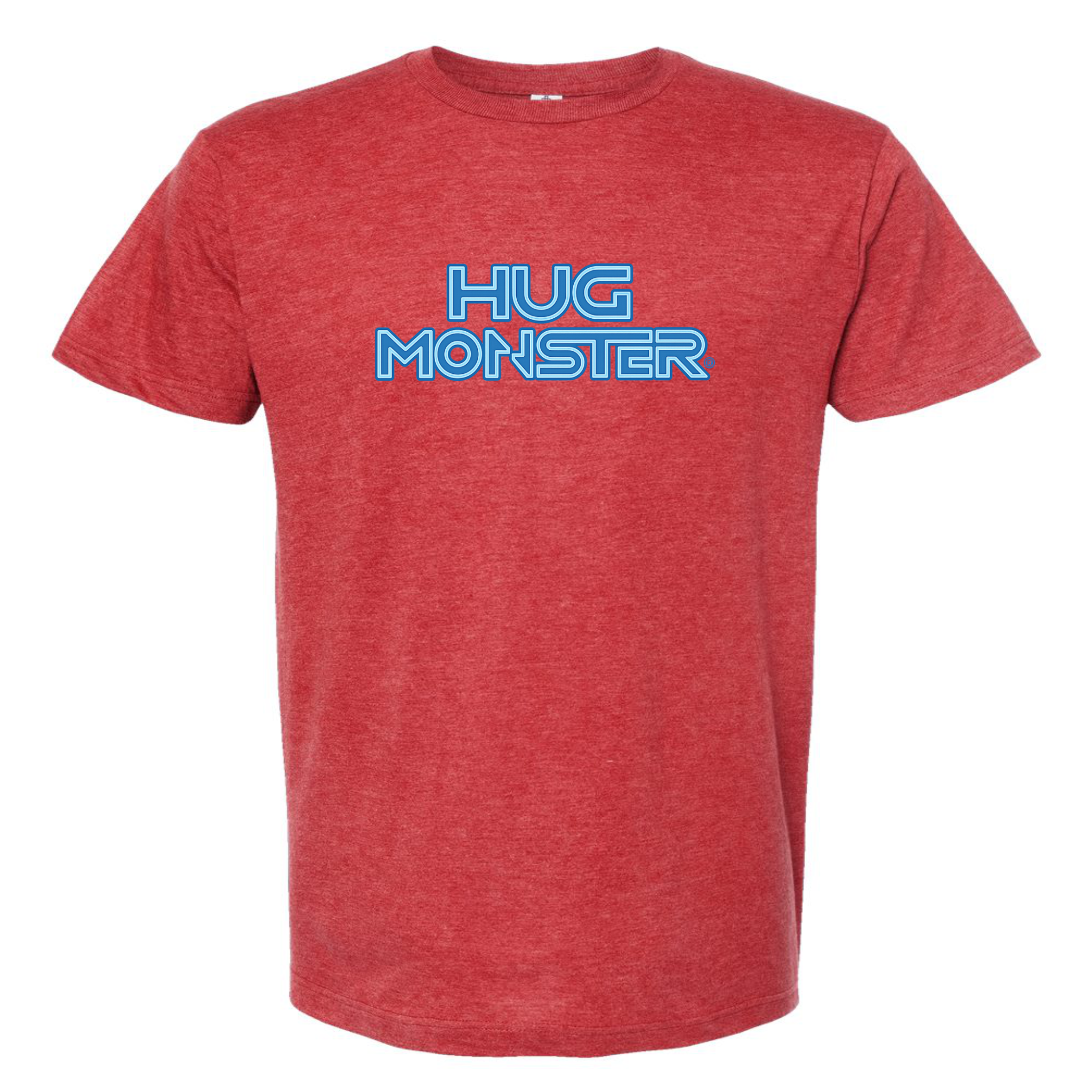 Hug Monster Electric Grid (Blue Logo) - Positive Message Graphic Tee in Heather Scarlet Red – Front View