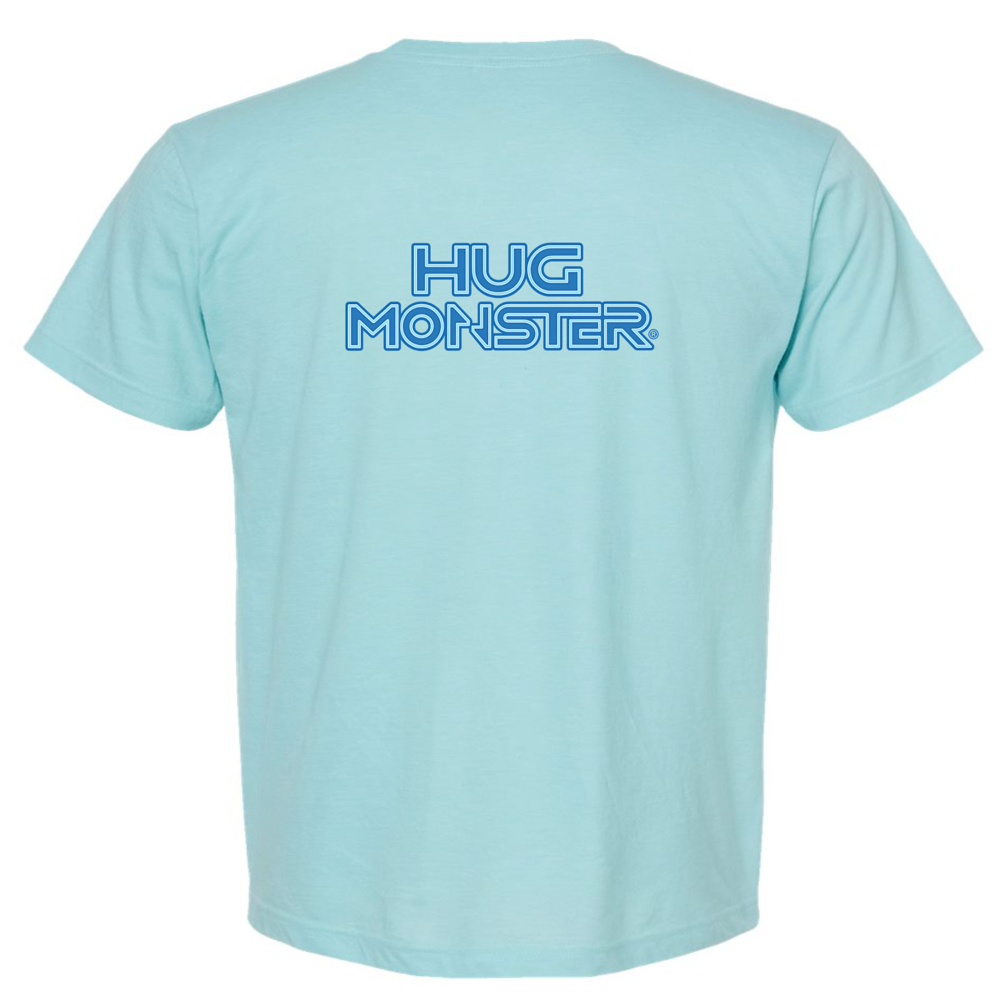 Hug Monster Electric Grid (Blue Logo) - Positive Message Graphic Tee in Heather Turquoise – Back View