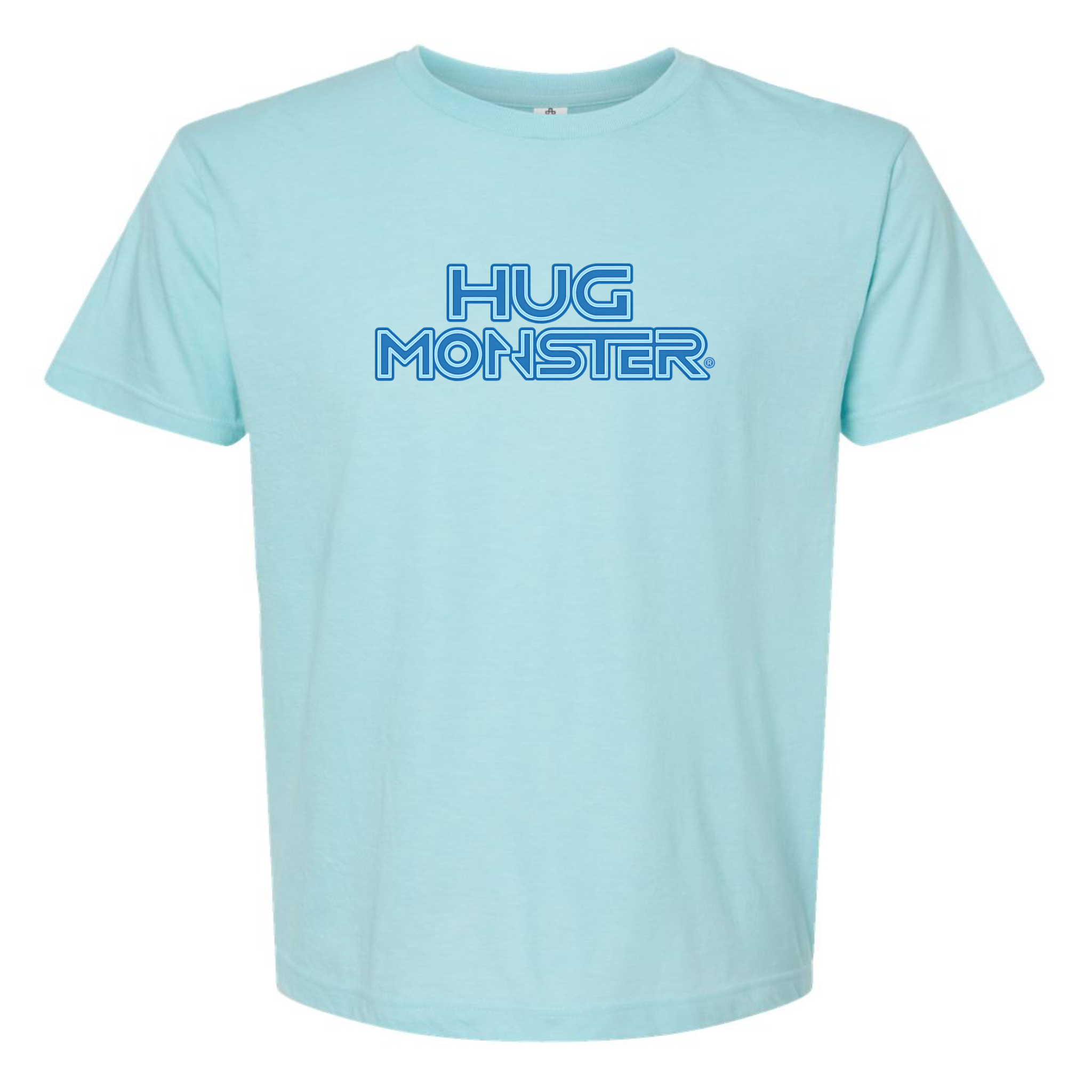 Hug Monster Electric Grid (Blue Logo) - Positive Message Graphic Tee in Heather Turquoise – Front View
