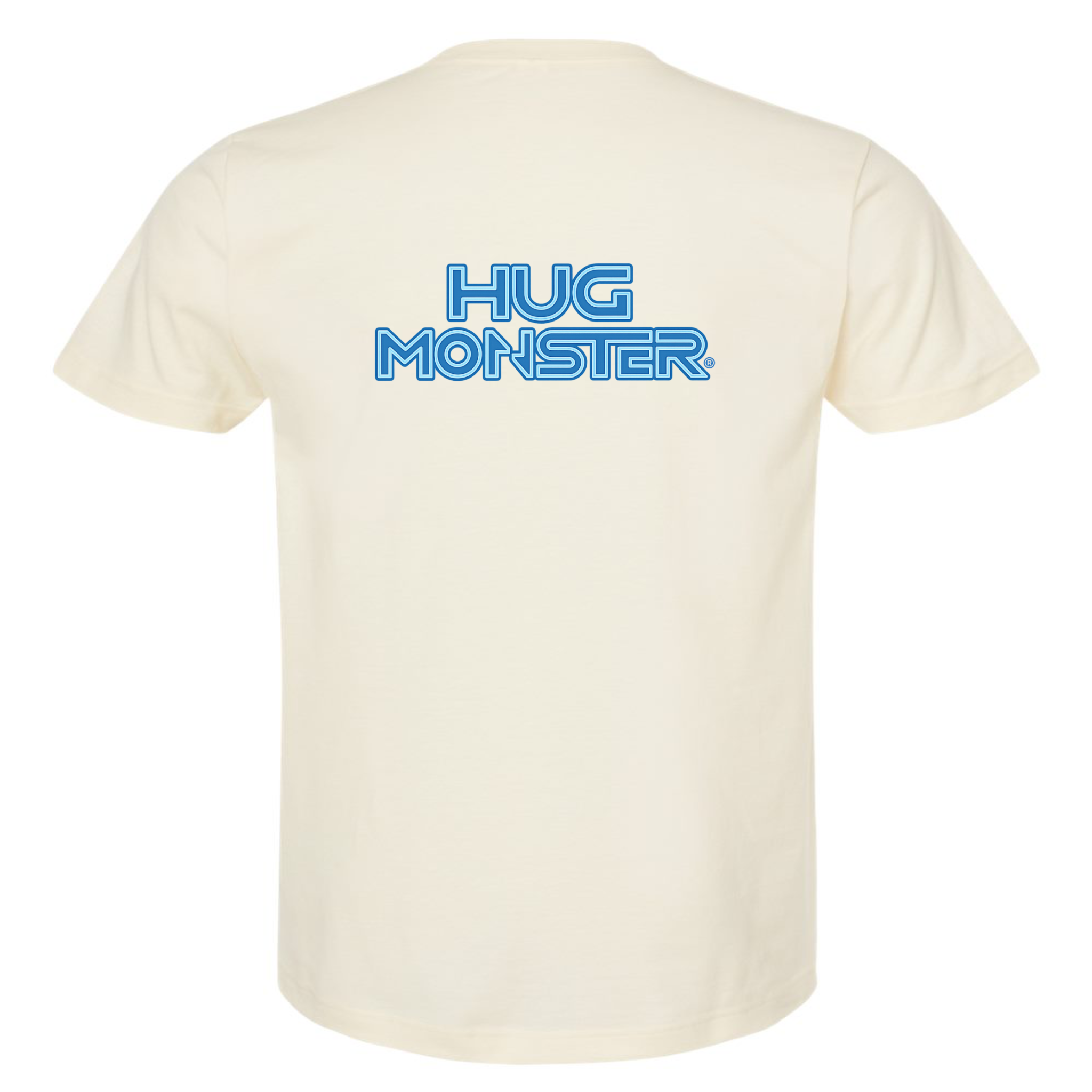 Hug Monster Electric Grid (Blue Logo) - Positive Message Graphic Tee in Natural – Back View
