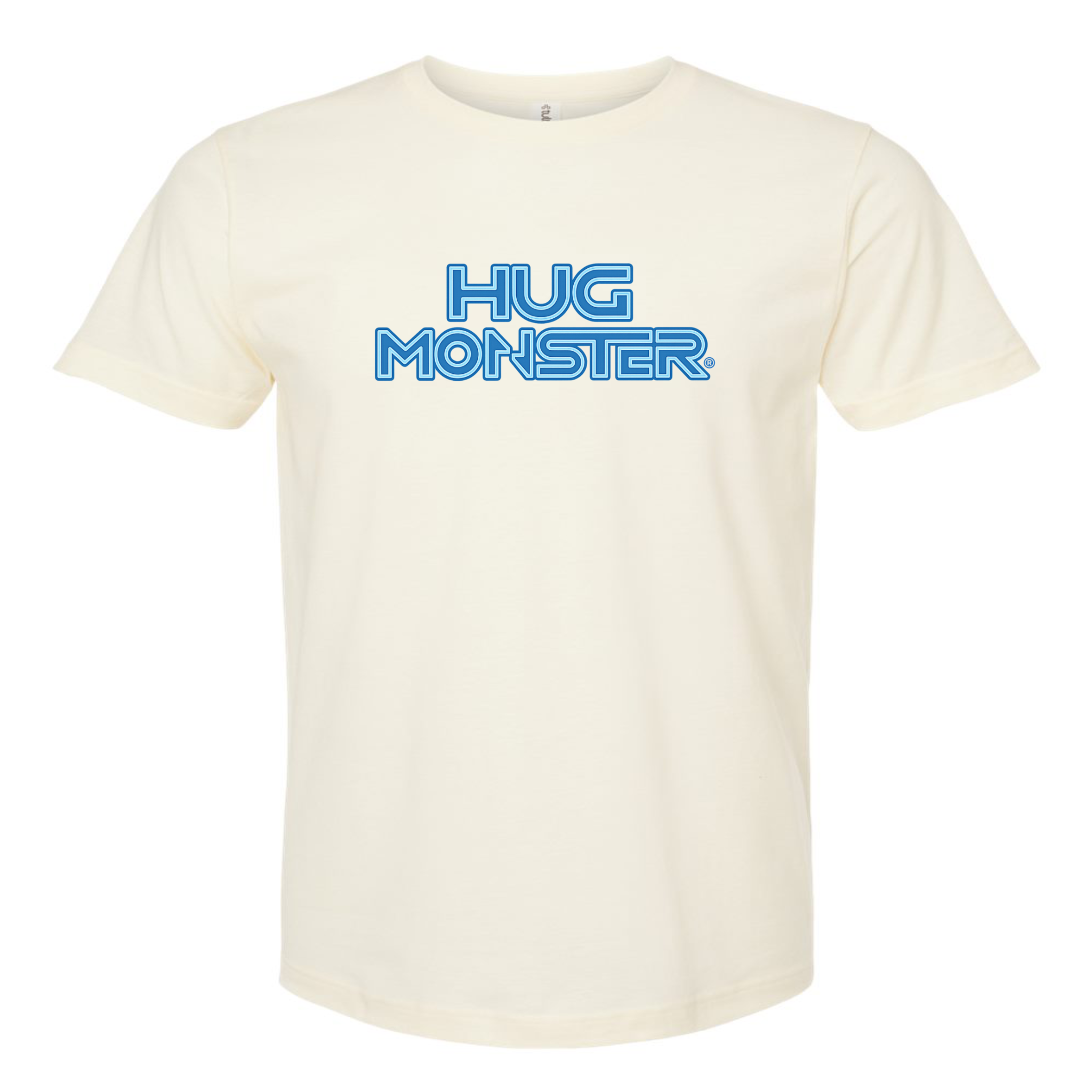Hug Monster Electric Grid (Blue Logo) - Positive Message Graphic Tee in Natural – Front View