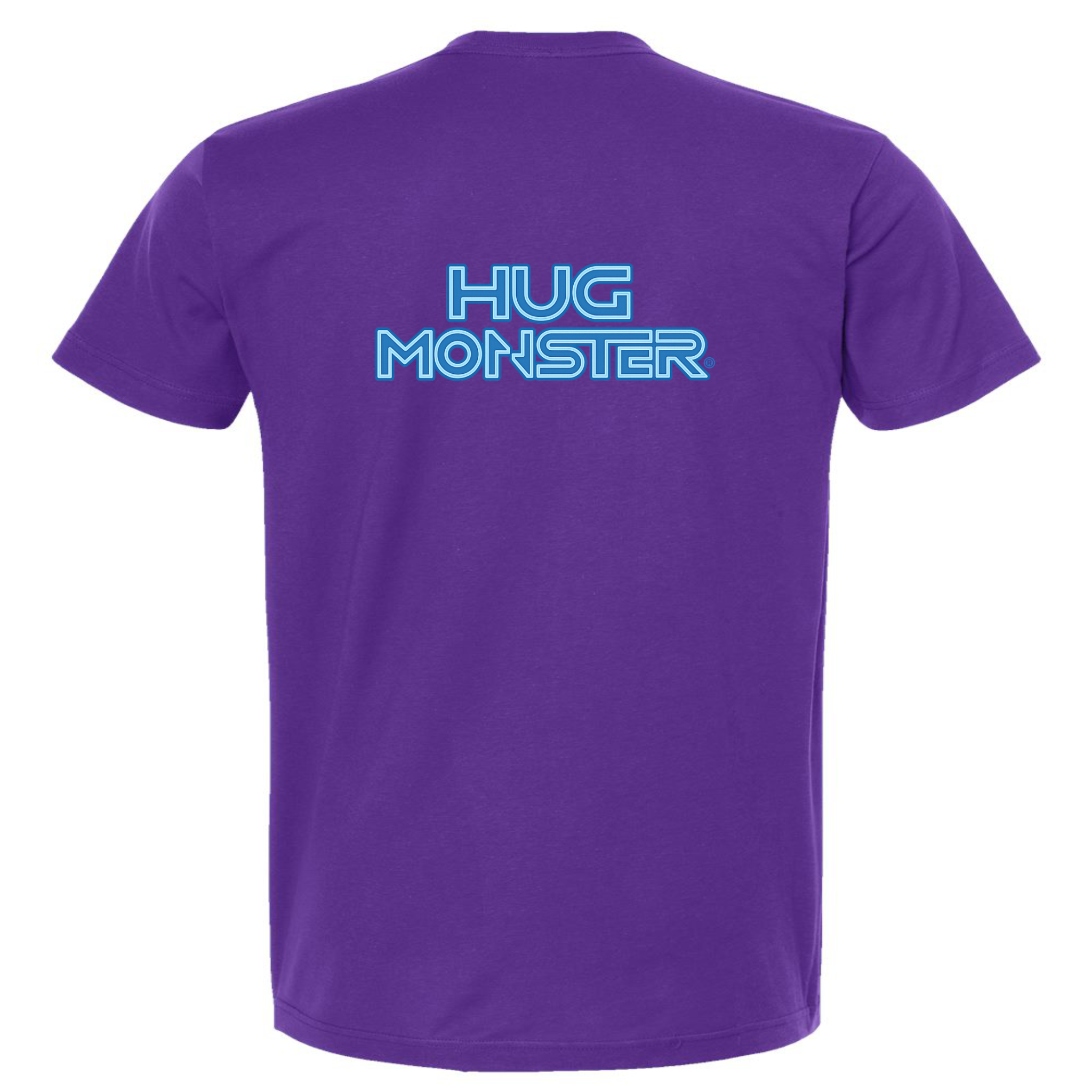 Hug Monster Electric Grid (Blue Logo) - Positive Message Graphic Tee in Purple – Back View