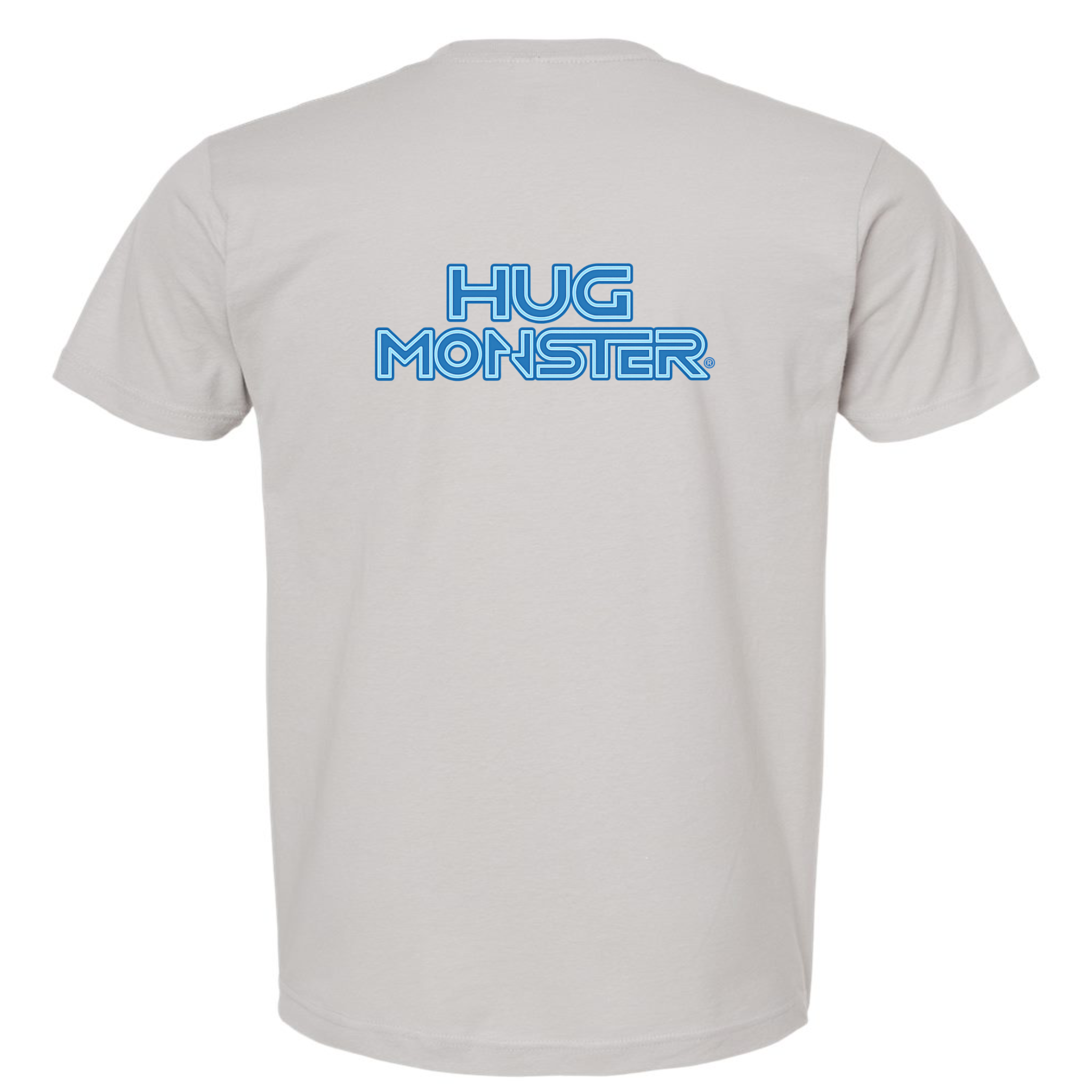 Hug Monster Electric Grid (Blue Logo) - Positive Message Graphic Tee in Silver – Back View