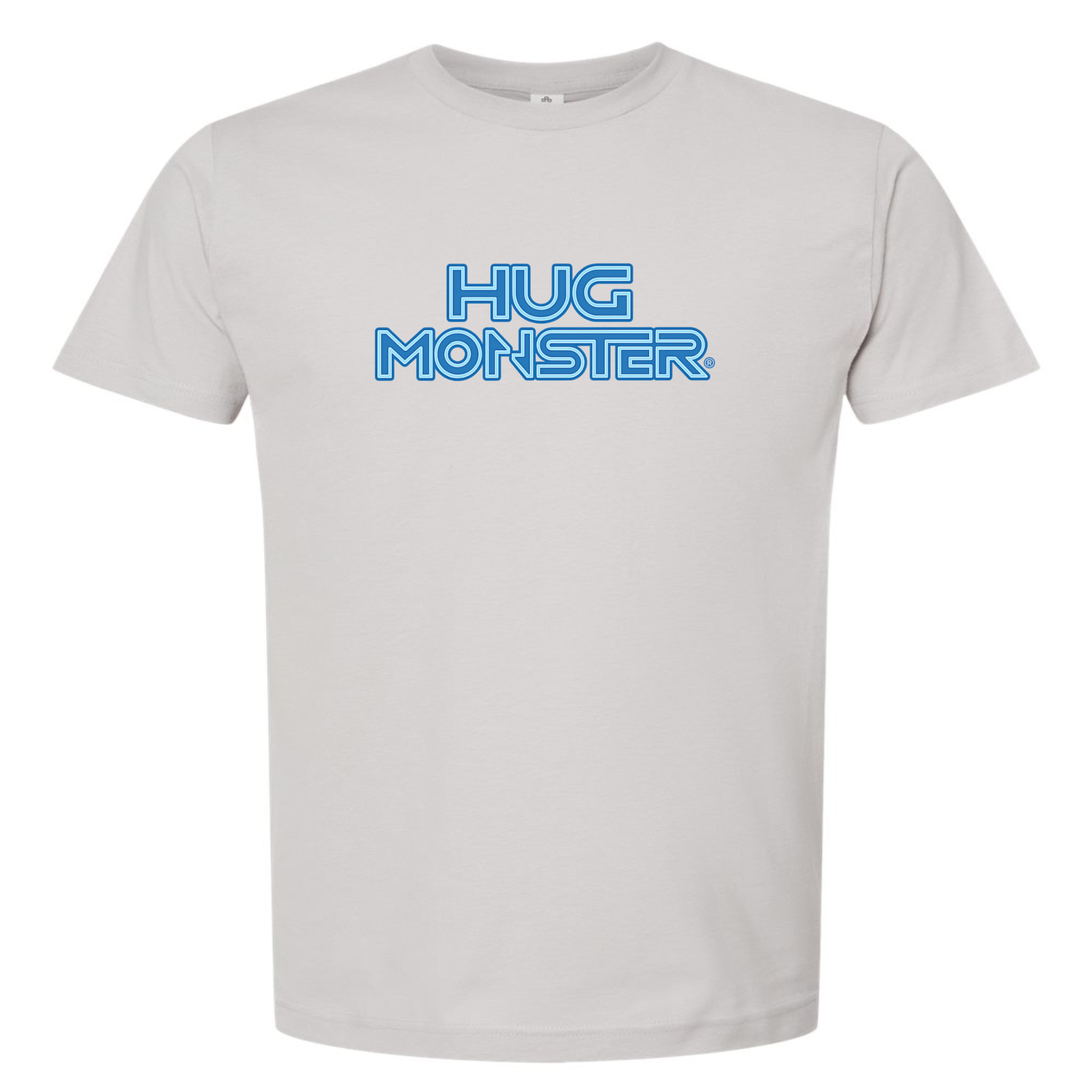 Hug Monster Electric Grid (Blue Logo) - Positive Message Graphic Tee in Silver – Front View