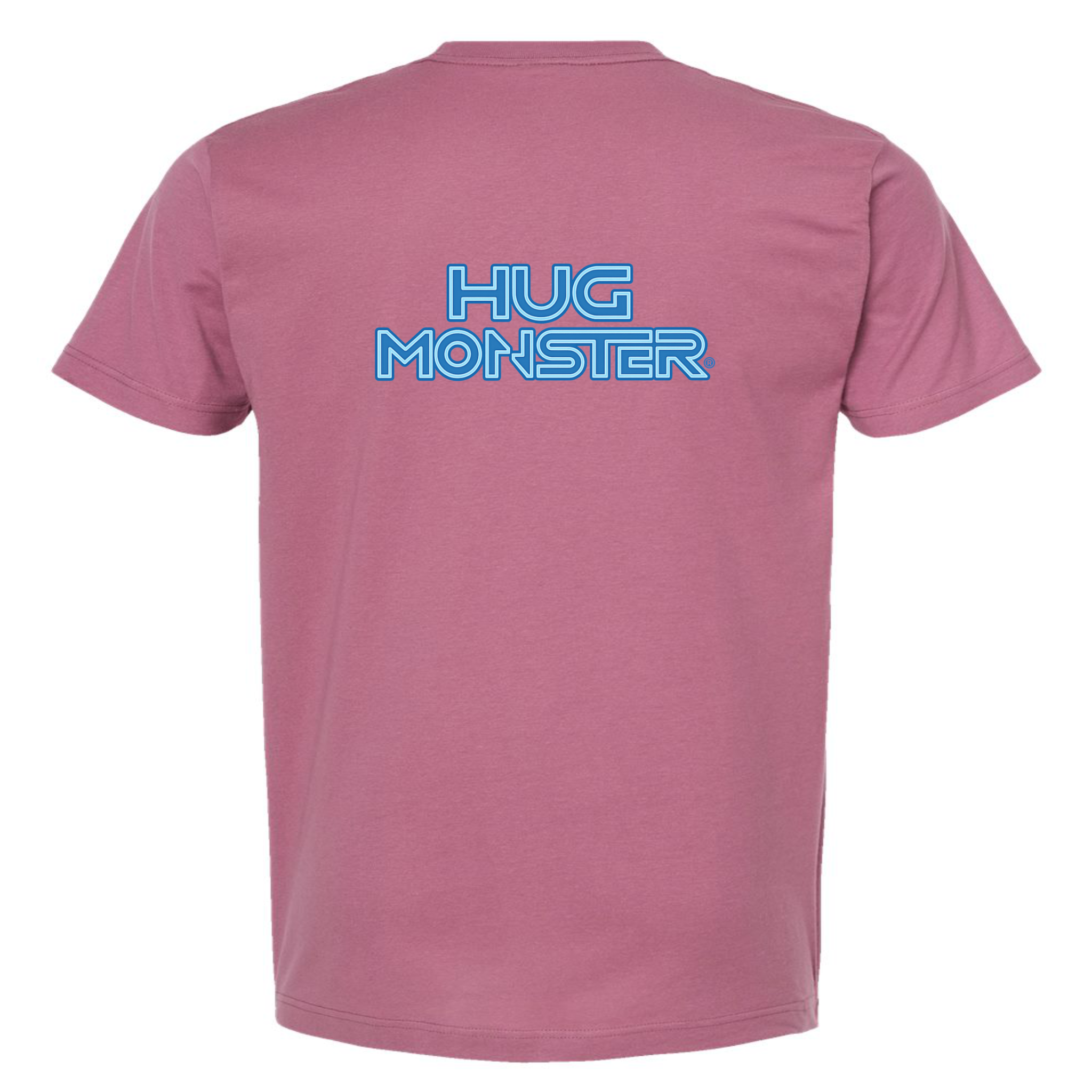 Hug Monster Electric Grid (Blue Logo) - Positive Message Graphic Tee in Soft Dusty Rose Pink – Back View
