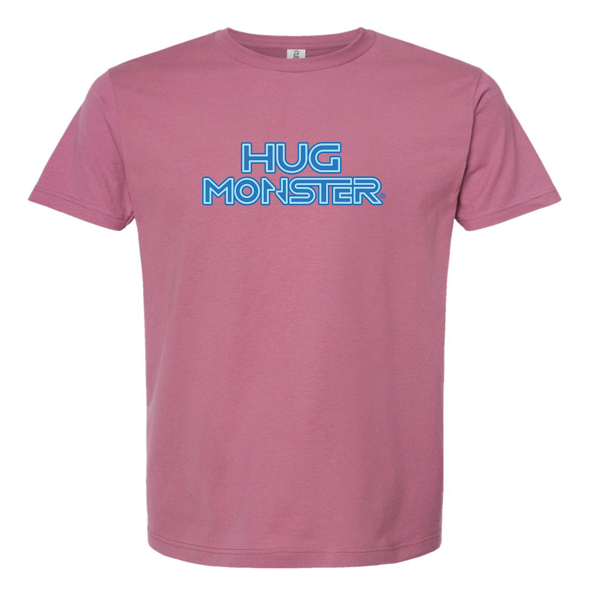 Hug Monster Electric Grid (Blue Logo) - Positive Message Graphic Tee in Soft Dusty Rose Pink – Front View