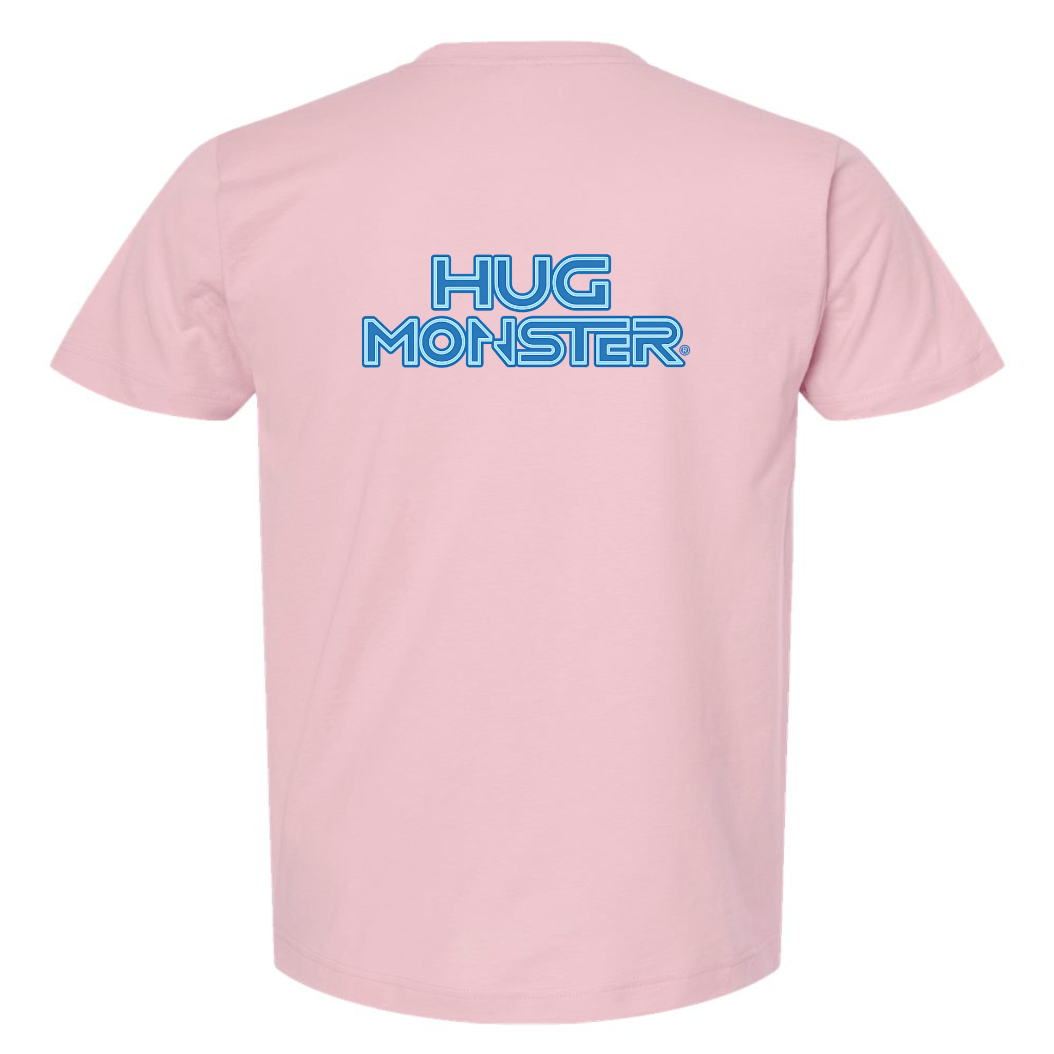 Hug Monster Electric Grid (Blue Logo) - Positive Message Graphic Tee in Soft Pink – Back View