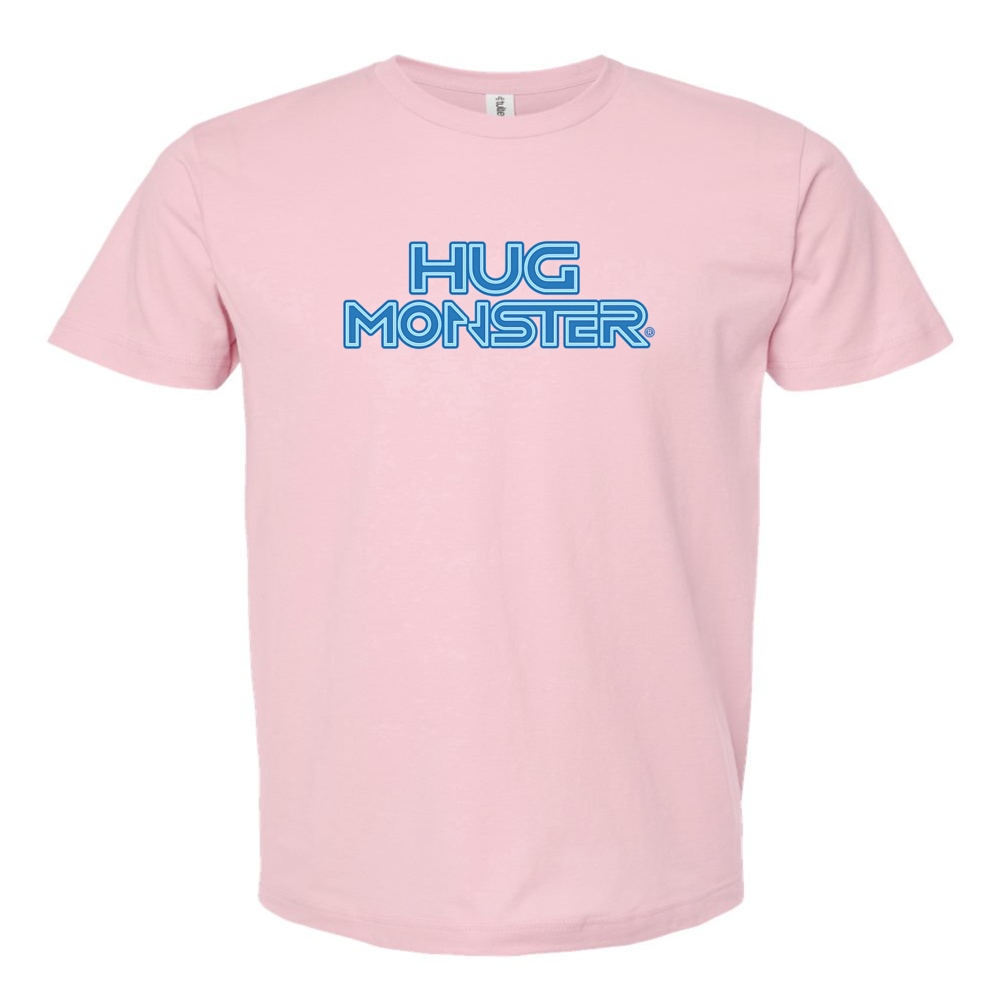 Hug Monster Electric Grid (Blue Logo) - Positive Message Graphic Tee in Soft Pink – Front View
