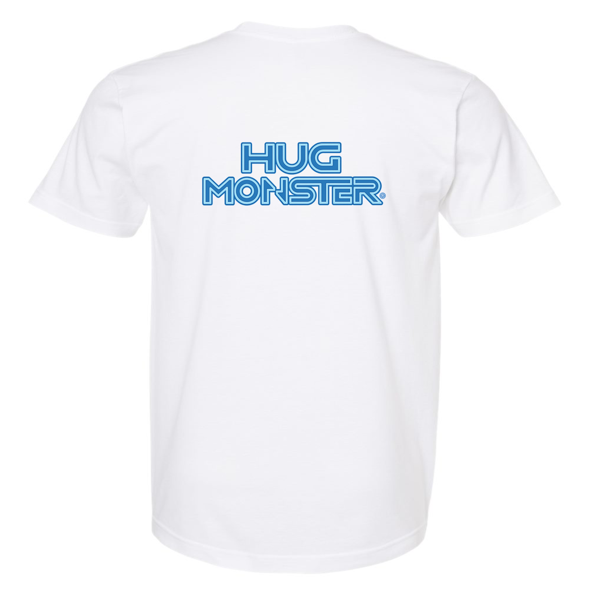Hug Monster Electric Grid (Blue Logo) - Positive Message Graphic Tee in White – Back View