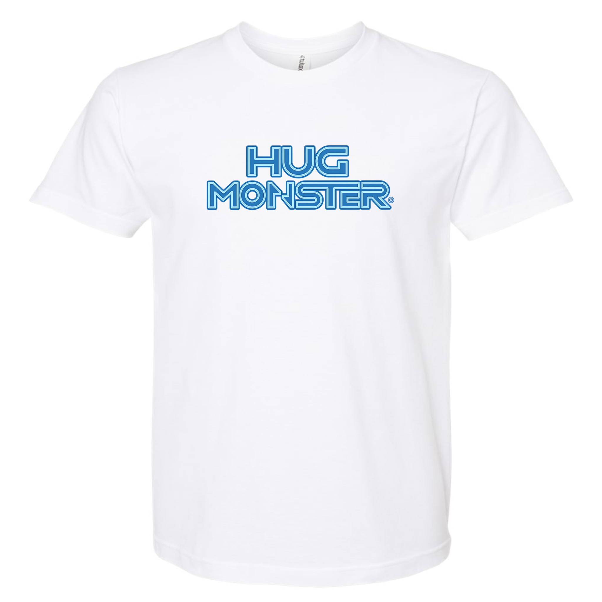 Hug Monster Electric Grid (Blue Logo) - Positive Message Graphic Tee in White – Front View