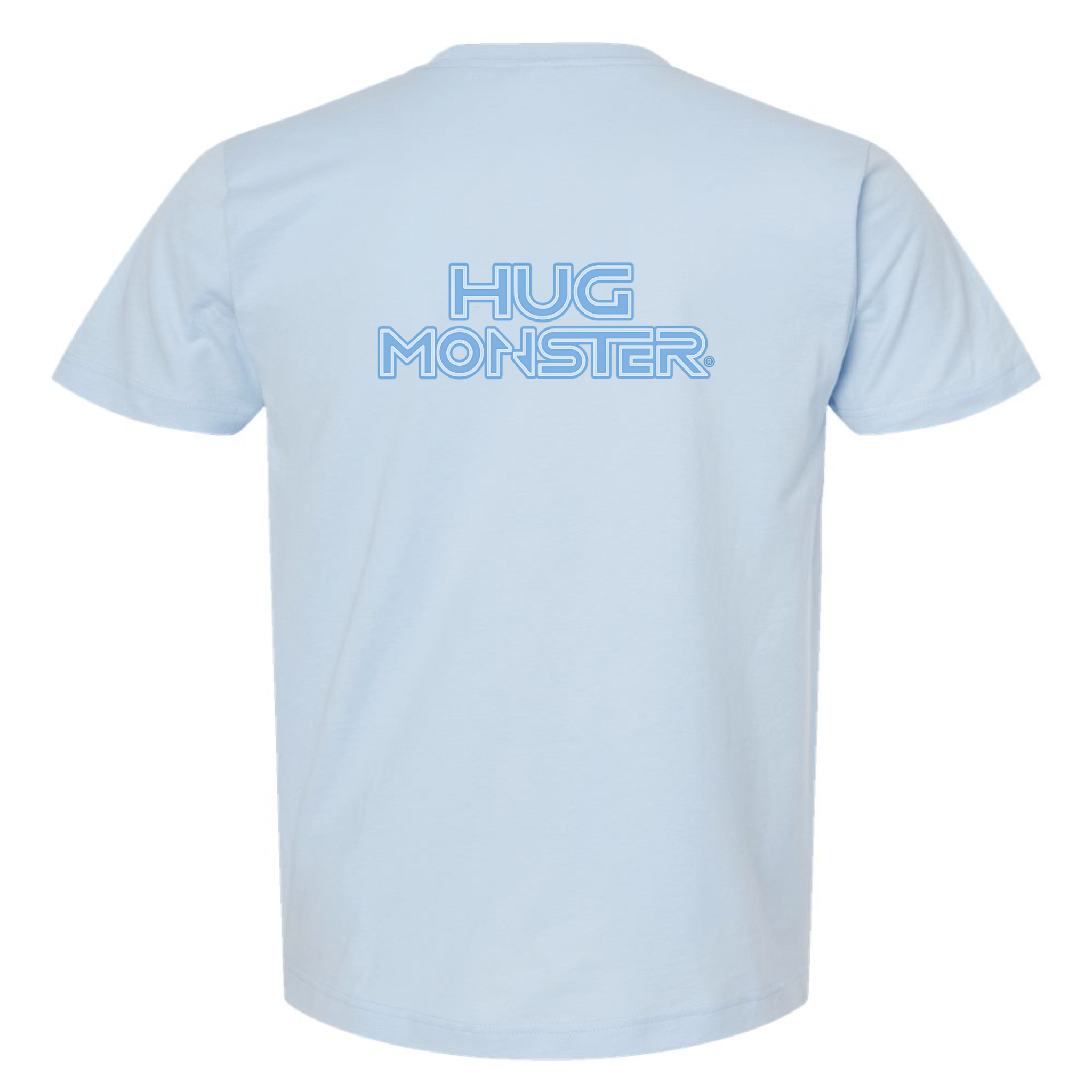 Hug Monster Electric Grid (Chalk Blue Logo) - Positive Message Graphic Tee in Baby Blue – Back View