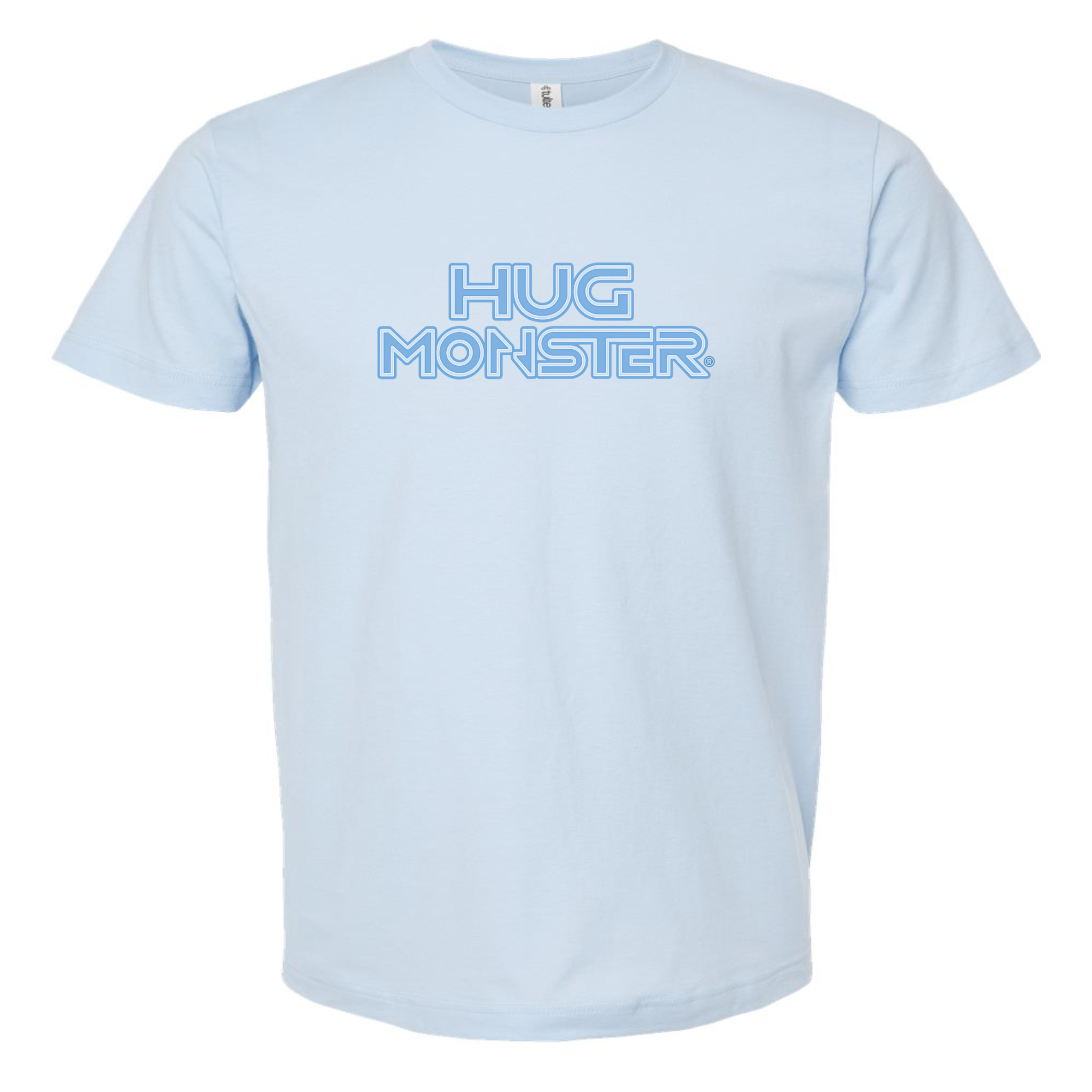 Hug Monster Electric Grid (Chalk Blue Logo) - Positive Message Graphic Tee in Baby Blue – Front View