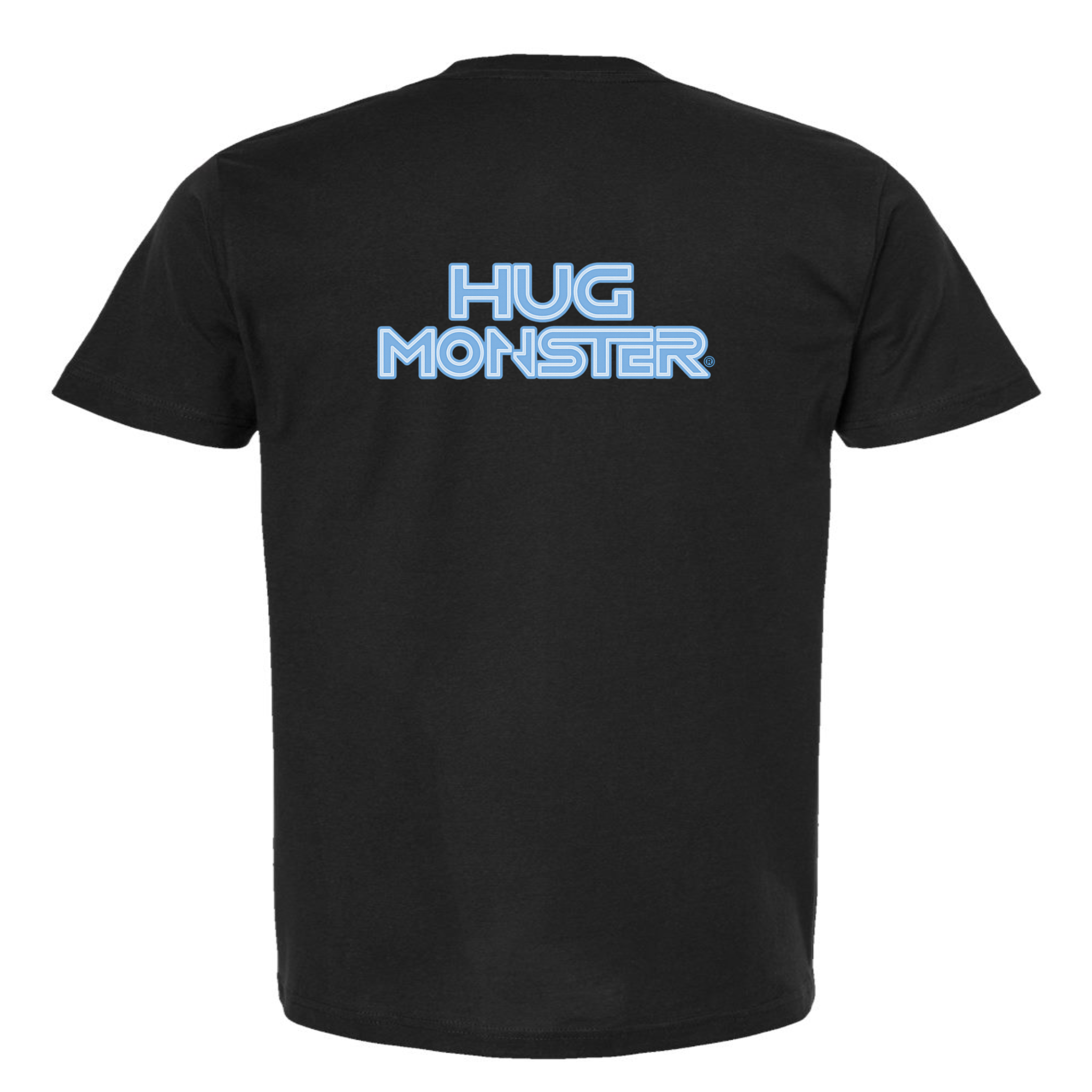 Hug Monster Electric Grid (Chalk Blue Logo) - Positive Message Graphic Tee in Black – Back View