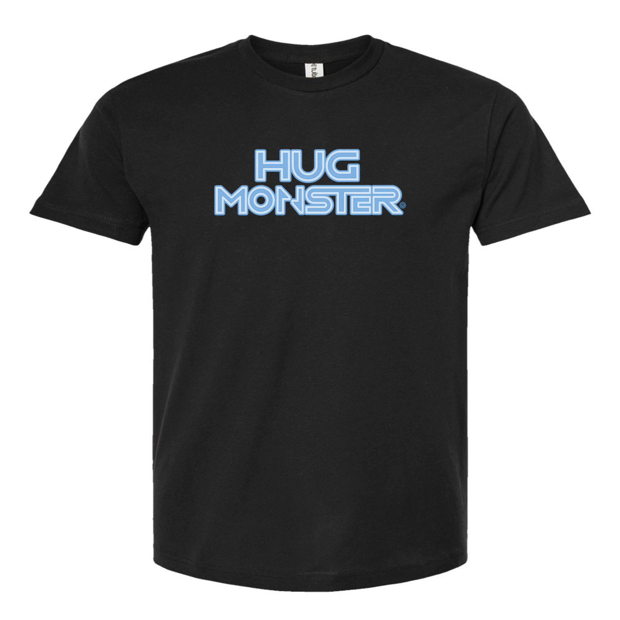 Hug Monster Electric Grid (Chalk Blue Logo) - Positive Message Graphic Tee in Black – Front View