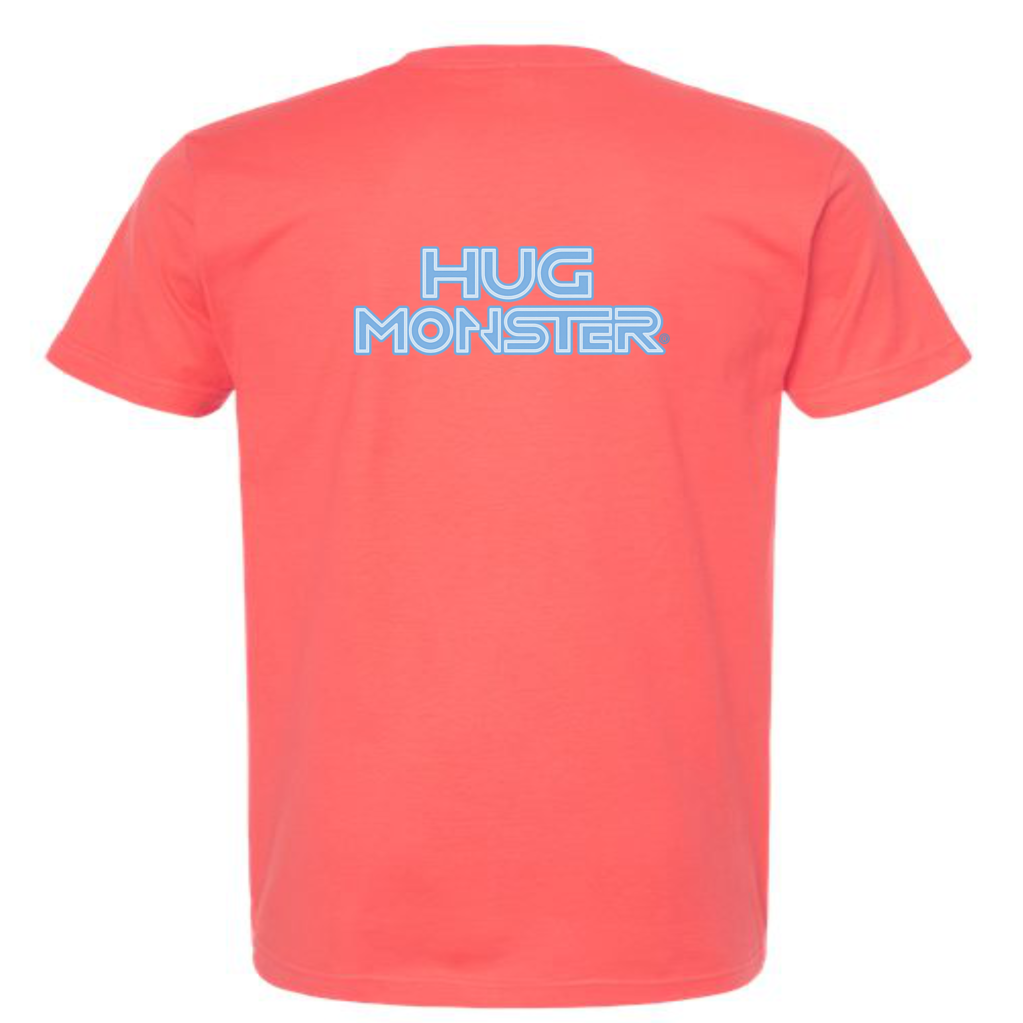 Hug Monster Electric Grid (Chalk Blue Logo) - Positive Message Graphic Tee in Bright Coral – Back View
