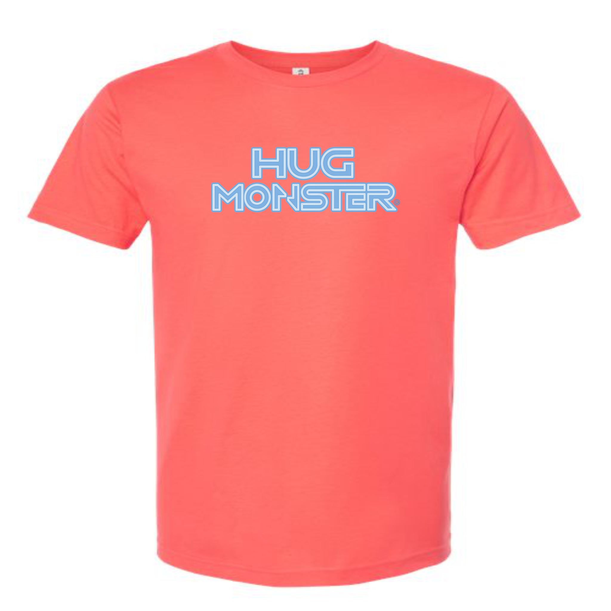 Hug Monster Electric Grid (Chalk Blue Logo) - Positive Message Graphic Tee in Bright Coral – Front View