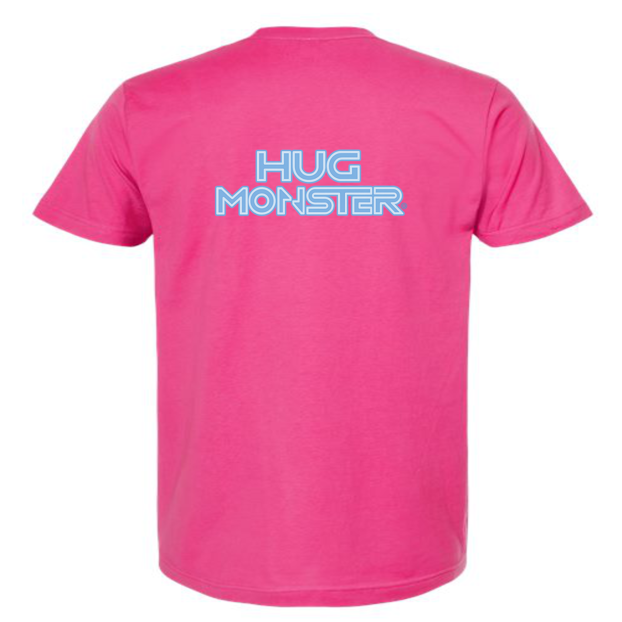 Hug Monster Electric Grid (Chalk Blue Logo) - Positive Message Graphic Tee in Bright Fuscia – Back View