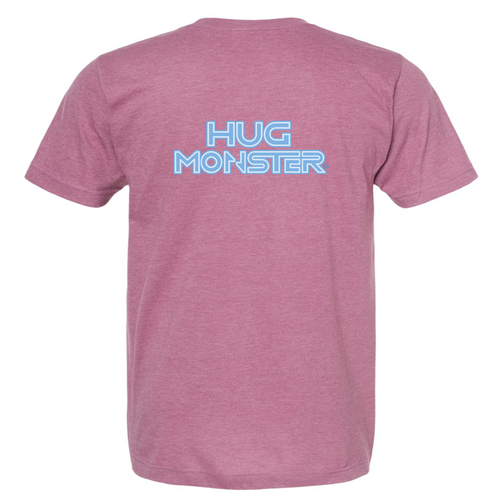 Hug Monster Electric Grid (Chalk Blue Logo) - Positive Message Graphic Tee in Heather Dusty Rose Pink – Back View