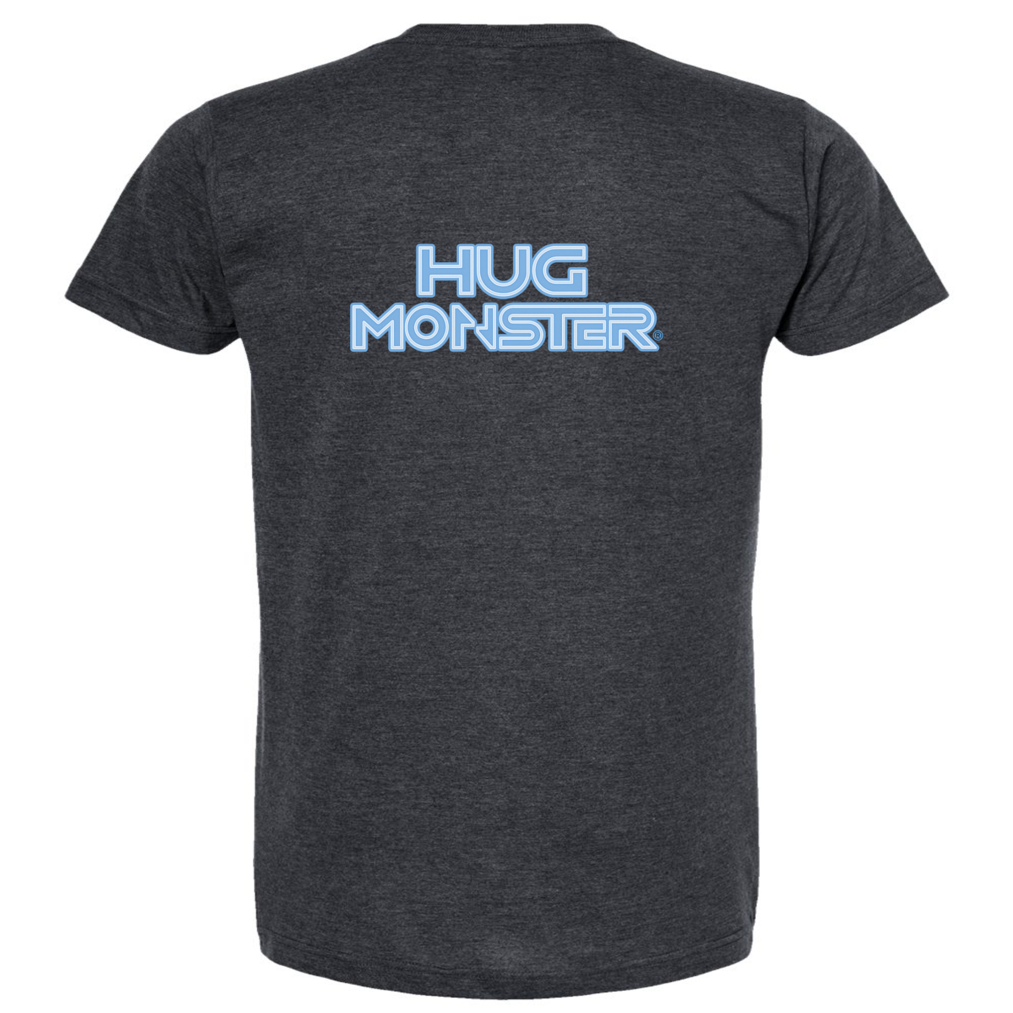 Hug Monster Electric Grid (Chalk Blue Logo) - Positive Message Graphic Tee in Heather Graphite – Back View