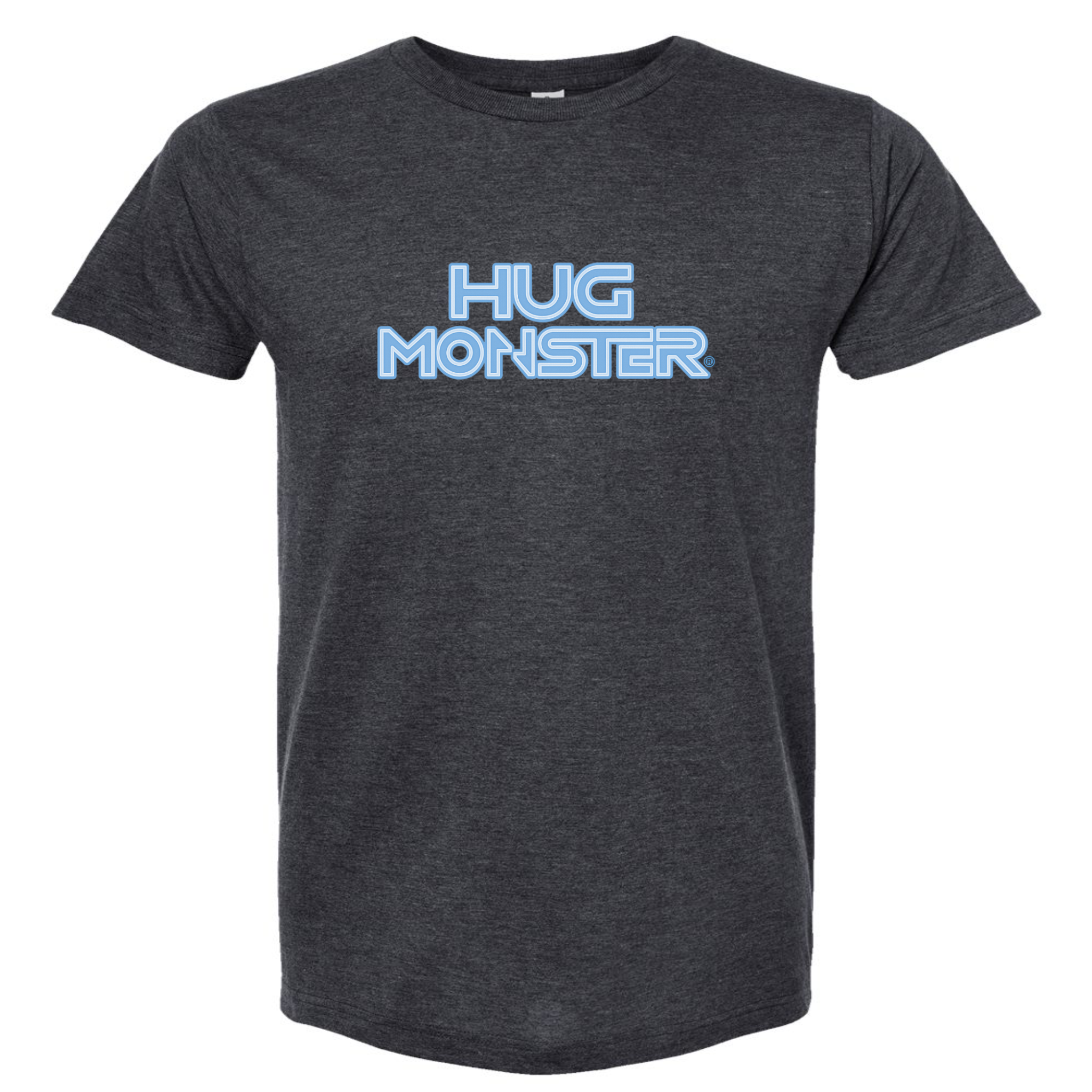 Hug Monster Electric Grid (Chalk Blue Logo) - Positive Message Graphic Tee in Heather Graphite – Front View