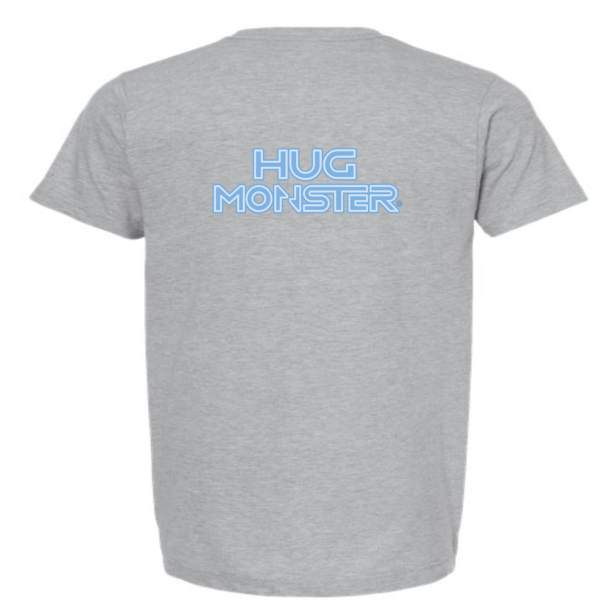 Hug Monster Electric Grid (Chalk Blue Logo) - Positive Message Graphic Tee in Heather Grey – Back View