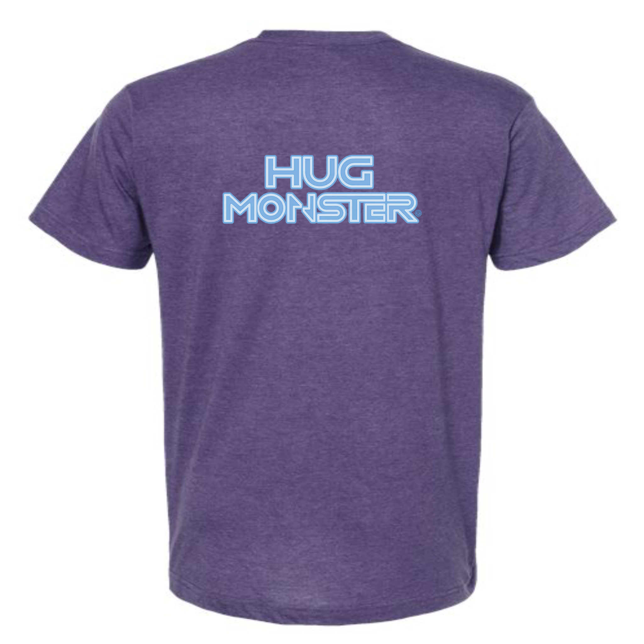 Hug Monster Electric Grid (Chalk Blue Logo) - Positive Message Graphic Tee in Heather Purple – Back View