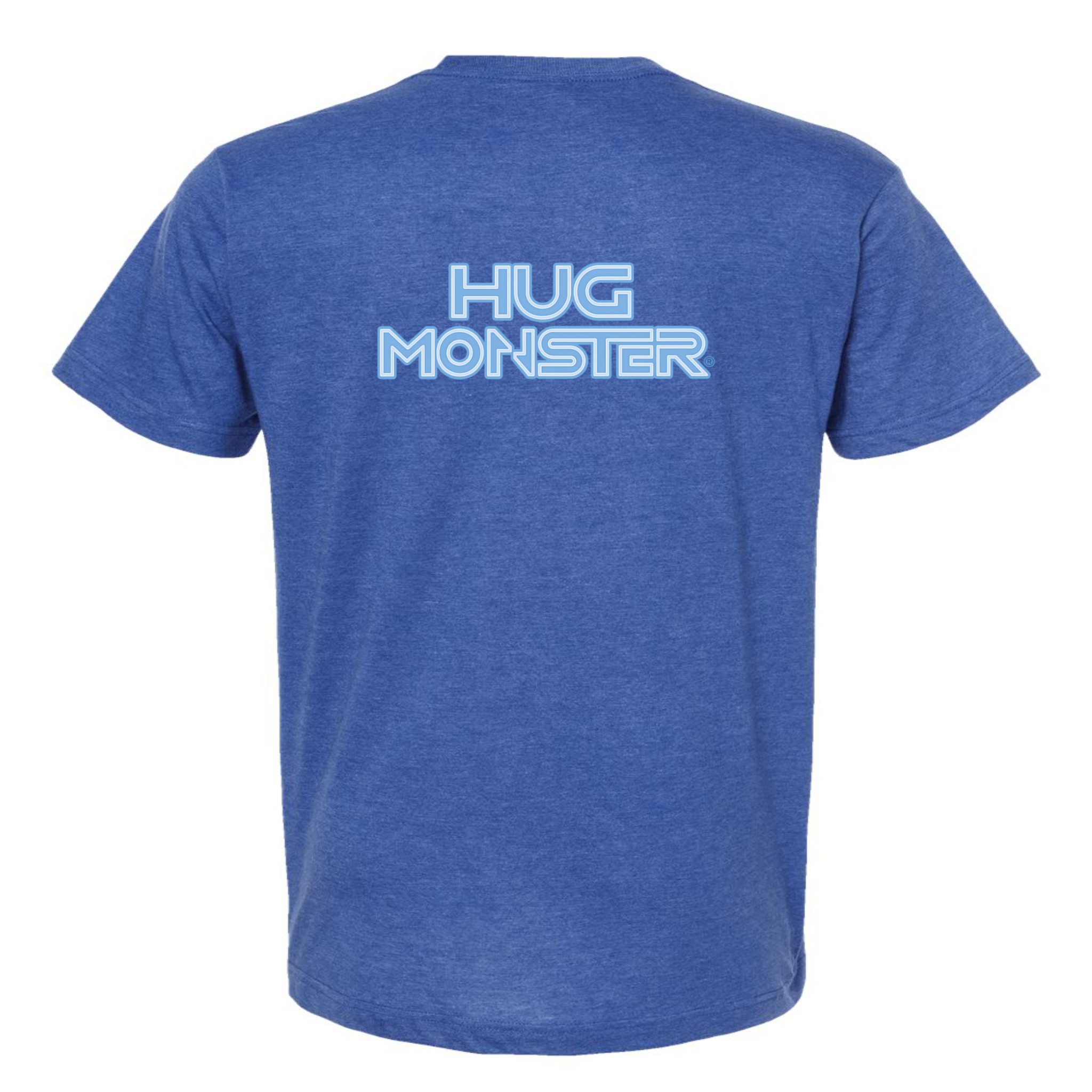 Hug Monster Electric Grid (Chalk Blue Logo) - Positive Message Graphic Tee in Heather Royal Blue – Back View