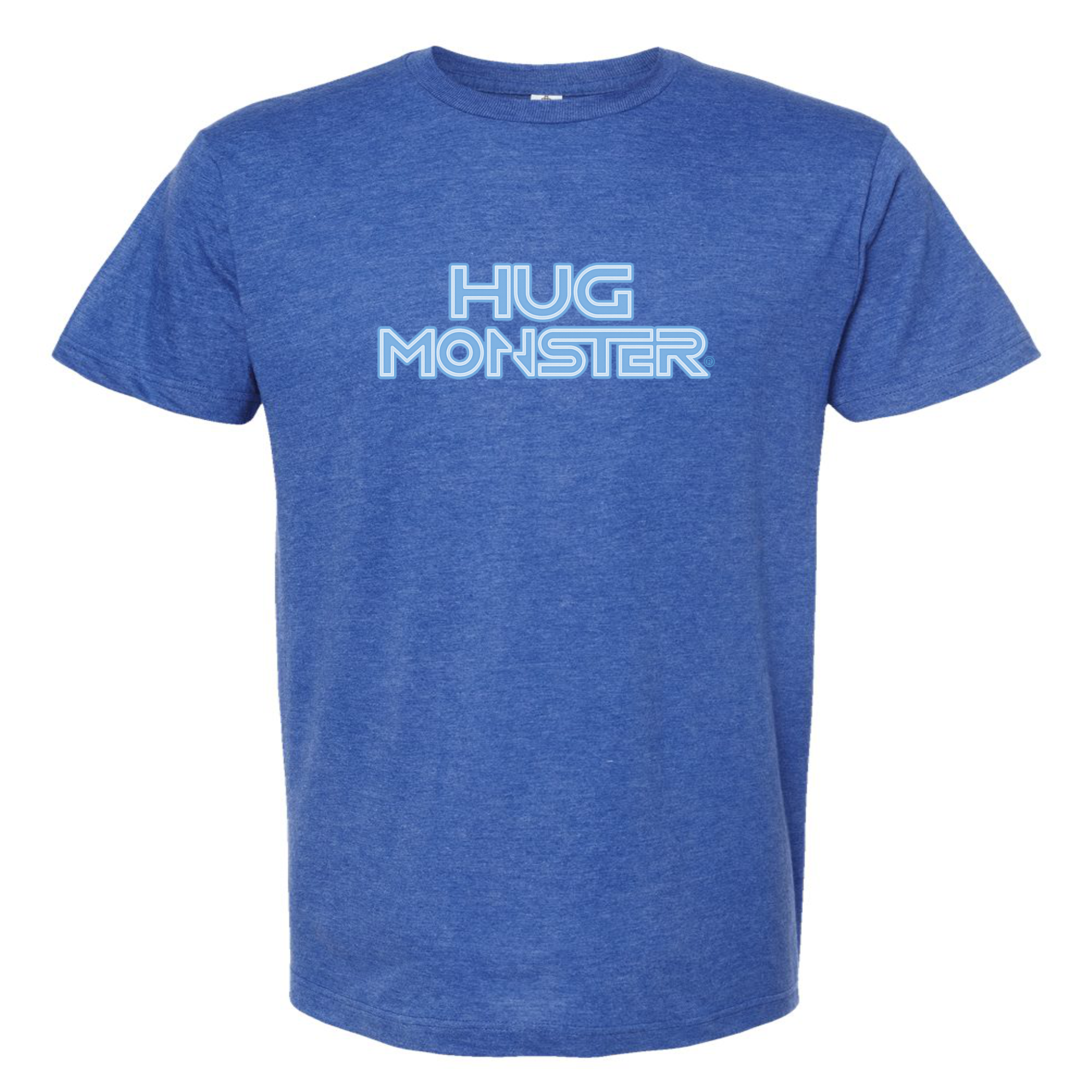 Hug Monster Electric Grid (Chalk Blue Logo) - Positive Message Graphic Tee in Heather Royal Blue – Front View