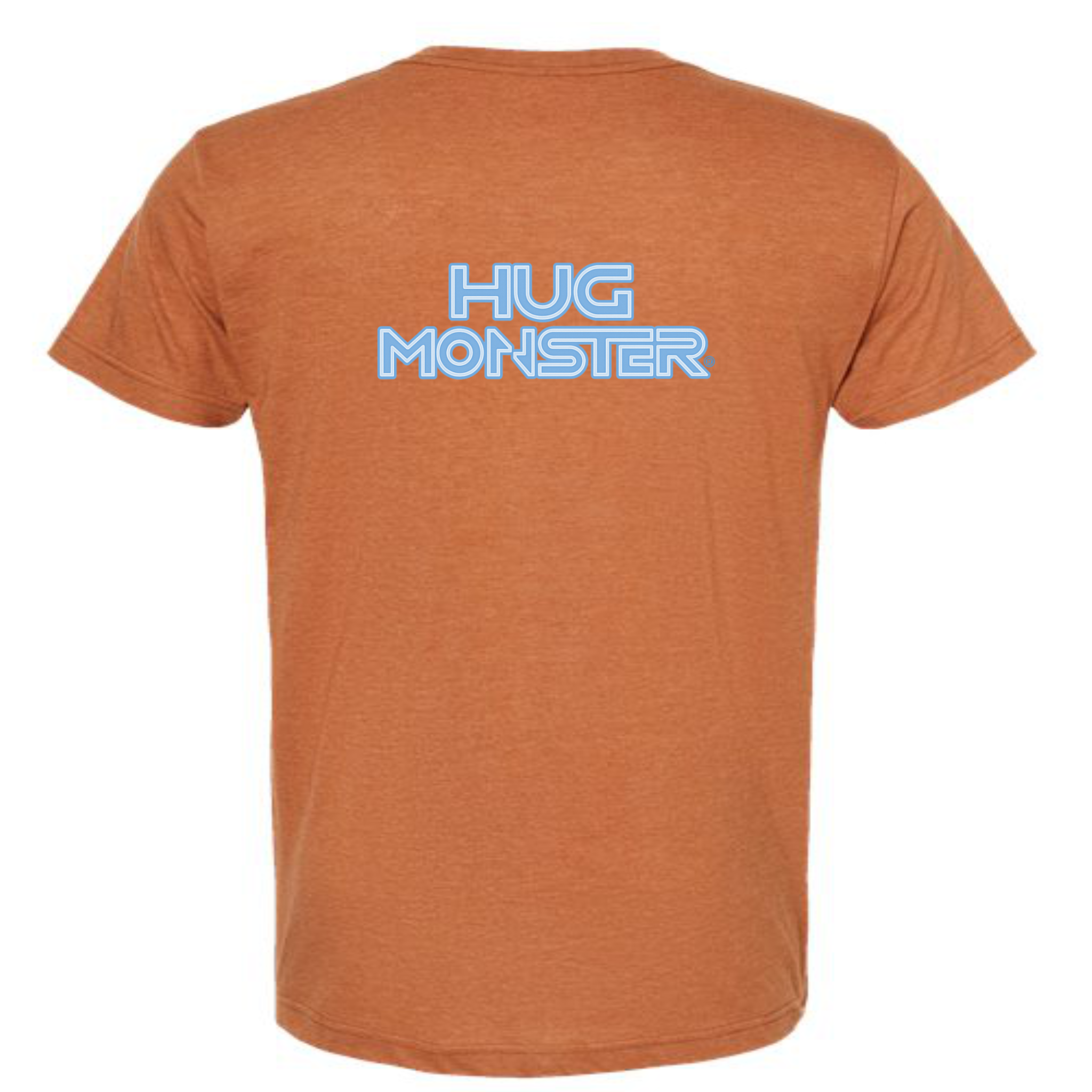 Hug Monster Electric Grid (Chalk Blue Logo) - Positive Message Graphic Tee in Heather Rust – Back View