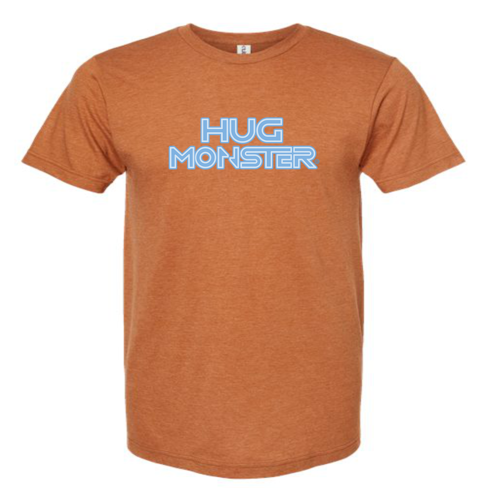 Hug Monster Electric Grid (Chalk Blue Logo) - Positive Message Graphic Tee in Heather Rust – Front View
