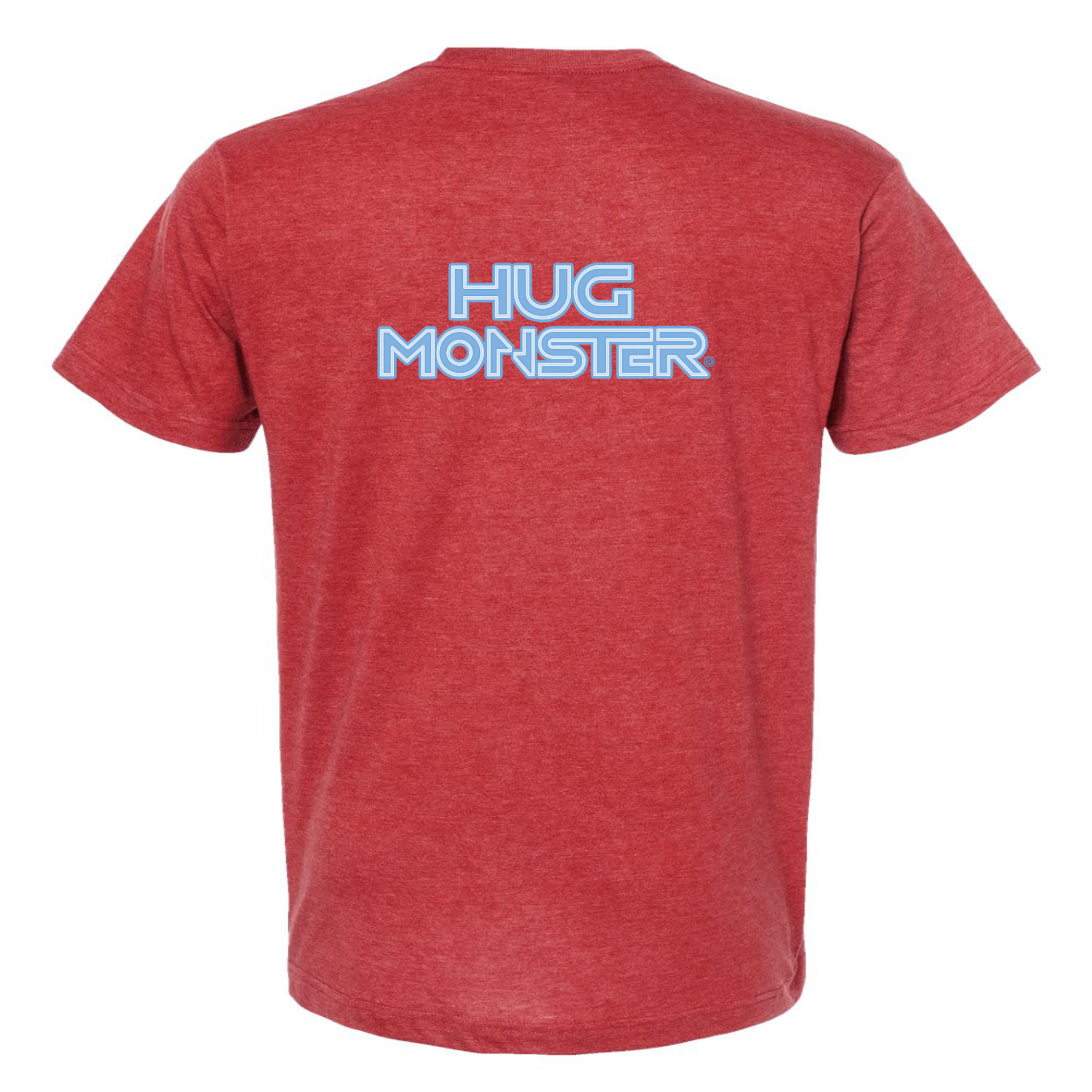 Hug Monster Electric Grid (Chalk Blue Logo) - Positive Message Graphic Tee in Heather Scarlet Red – Back View