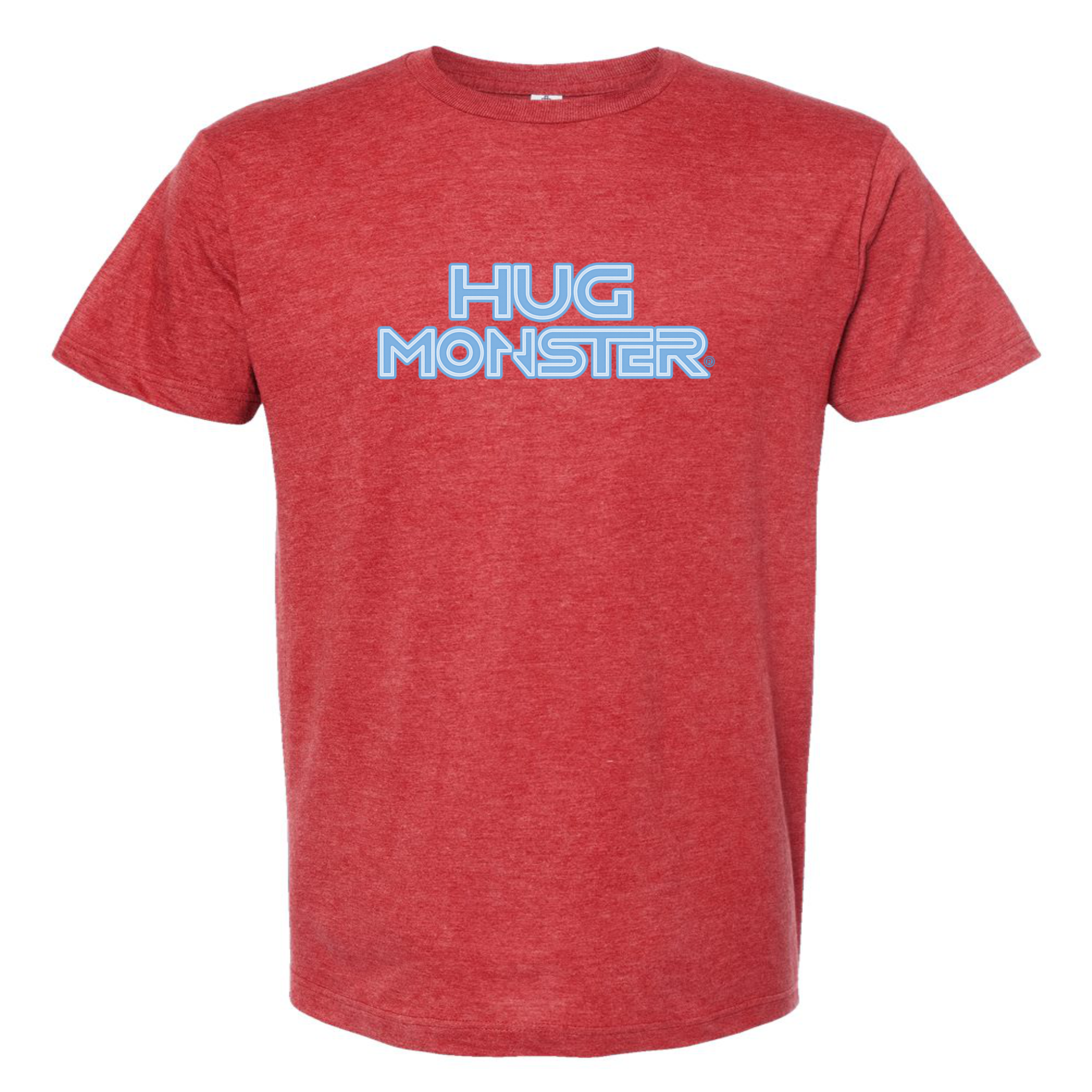 Hug Monster Electric Grid (Chalk Blue Logo) - Positive Message Graphic Tee in Heather Scarlet Red – Front View