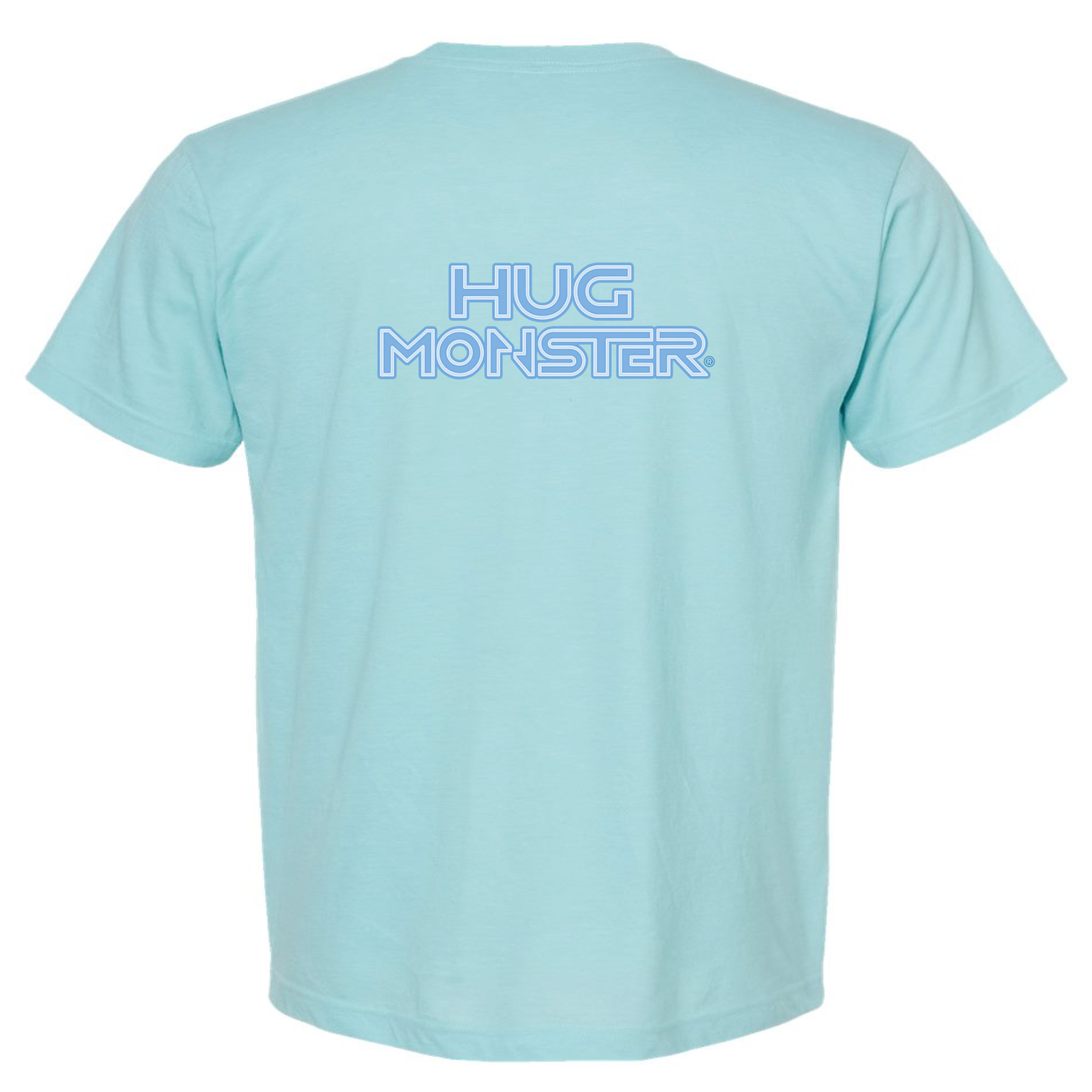 Hug Monster Electric Grid (Chalk Blue Logo) - Positive Message Graphic Tee in Heather Turquois – Back View